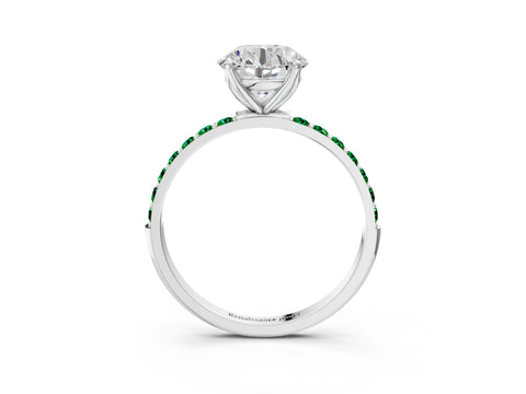 White gold Round Cut Diamond Solitaire Engagement Ring with Round with Emerald side stone Pavé Band and Prong Setting_99