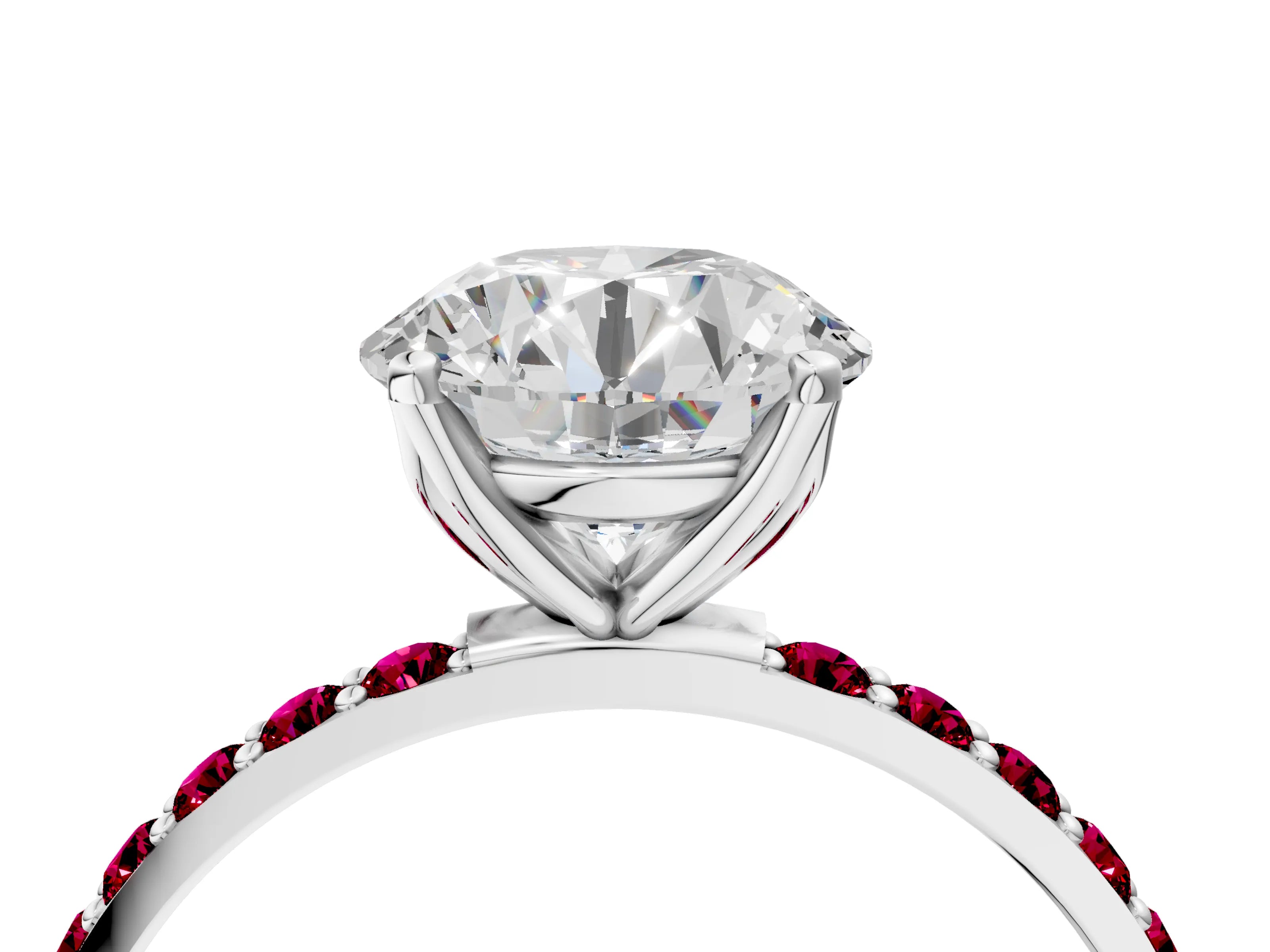 White gold Round Cut Diamond Solitaire Engagement Ring with Round with Garnet side stone Pavé Band and Prong Setting_10