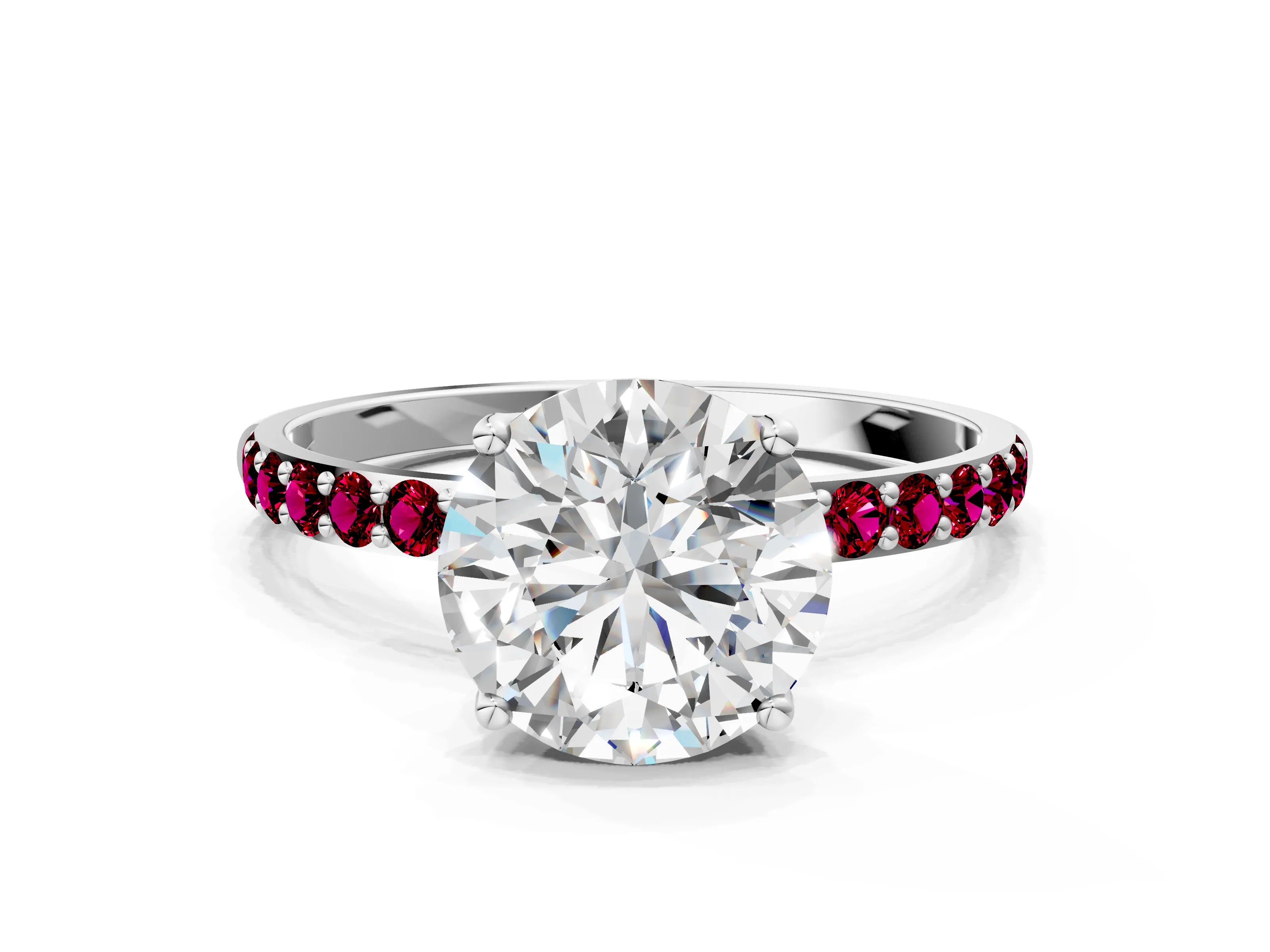 White gold Round Cut Diamond Solitaire Engagement Ring with Round with Garnet side stone Pavé Band and Prong Setting_102