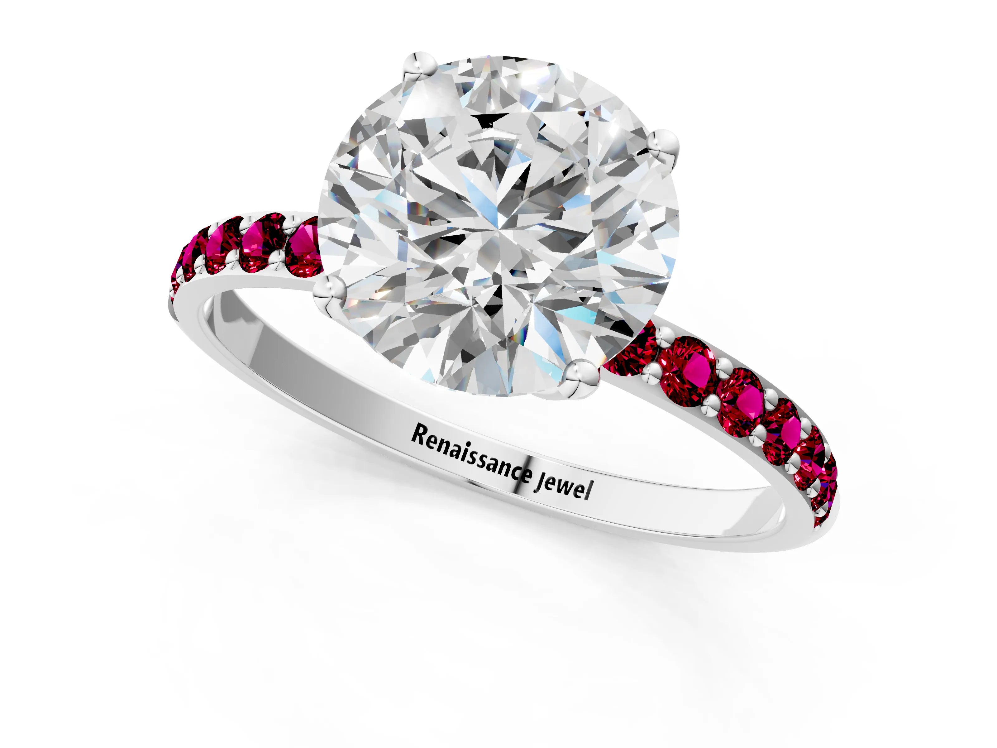 White gold Round Cut Diamond Solitaire Engagement Ring with Round with Garnet side stone Pavé Band and Prong Setting_103
