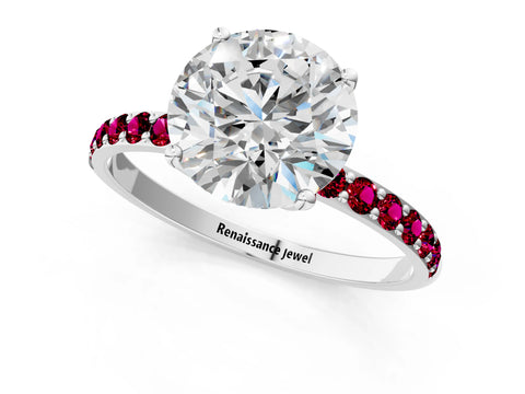 White gold Round Cut Diamond Solitaire Engagement Ring with Round with Garnet side stone Pavé Band and Prong Setting_103