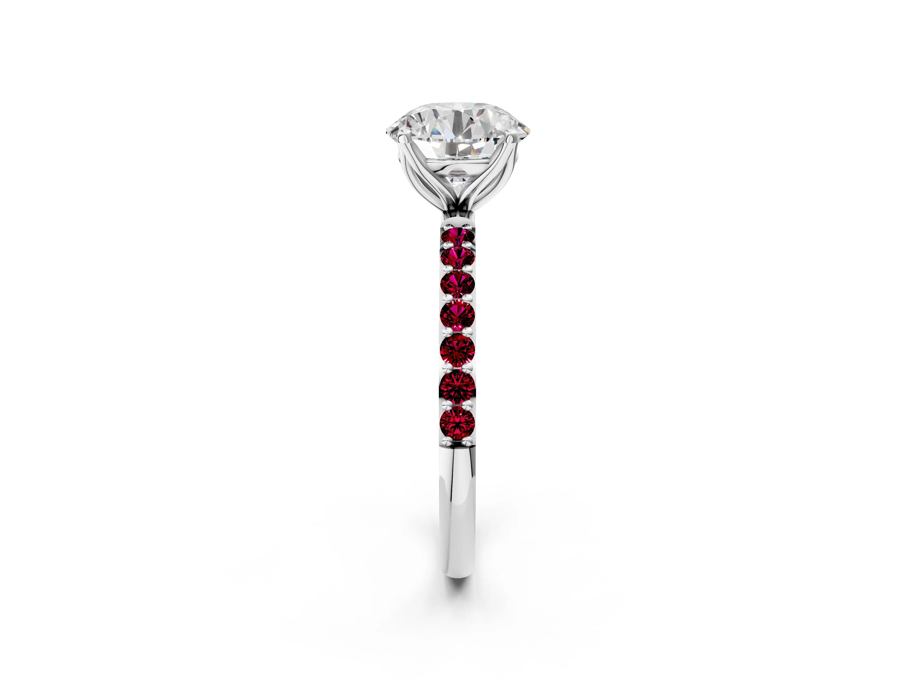 White gold Round Cut Diamond Solitaire Engagement Ring with Round with Garnet side stone Pavé Band and Prong Setting_104