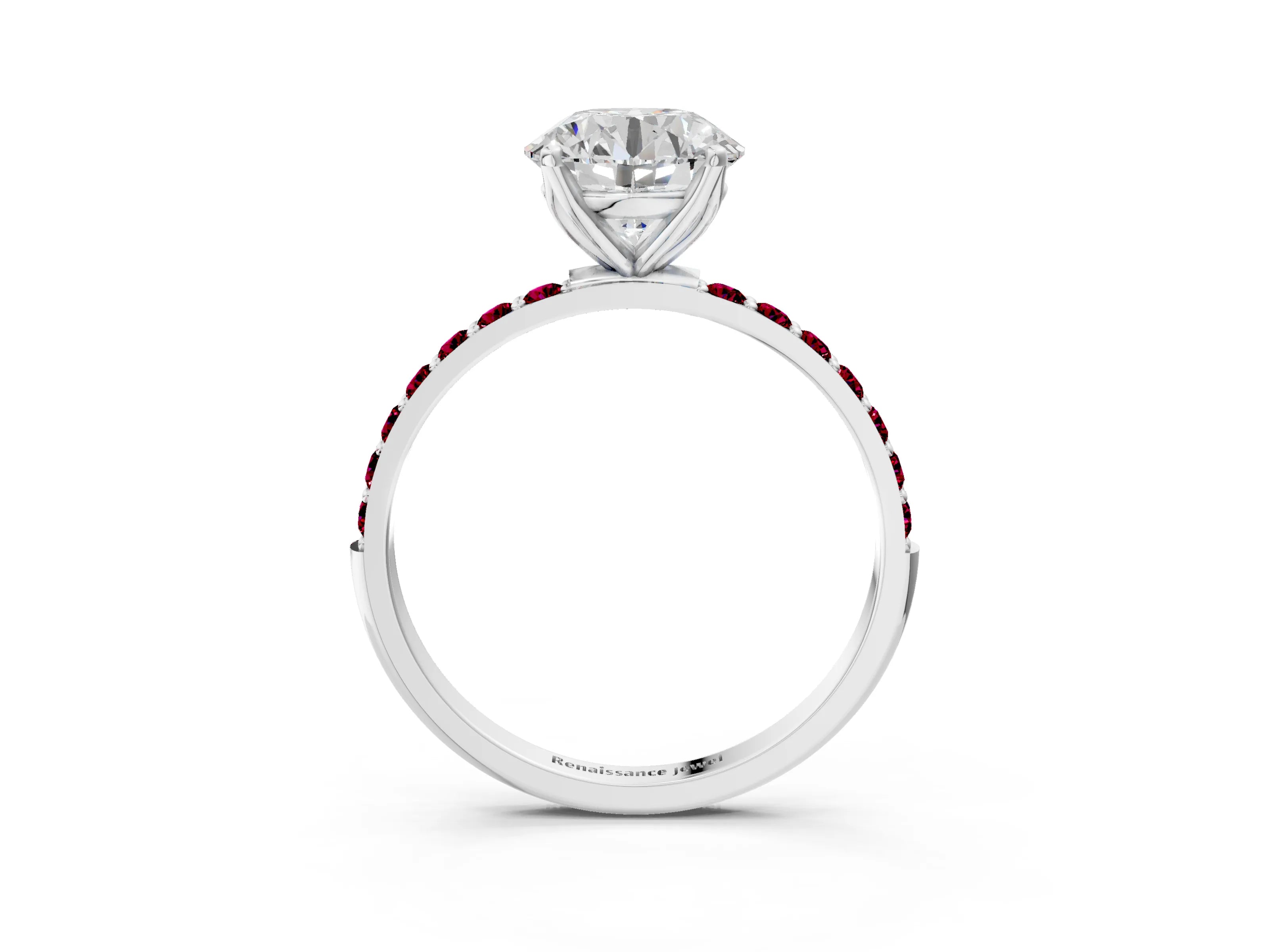 White gold Round Cut Diamond Solitaire Engagement Ring with Round with Garnet side stone Pavé Band and Prong Setting_105