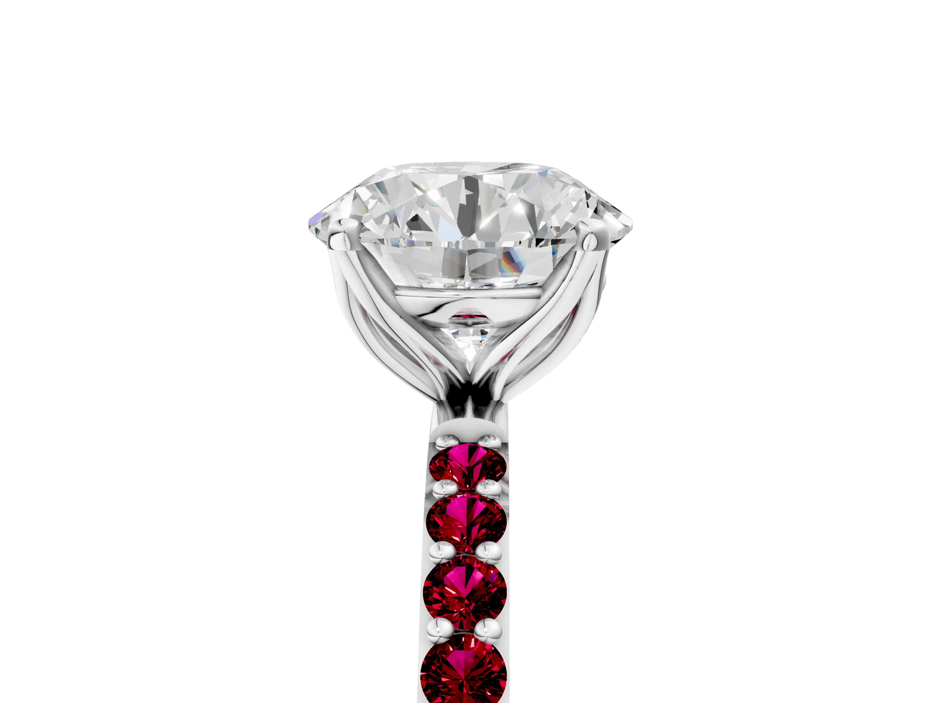 White gold Round Cut Diamond Solitaire Engagement Ring with Round with Garnet side stone Pavé Band and Prong Setting_107