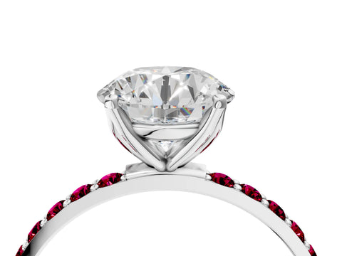 White gold Round Cut Diamond Solitaire Engagement Ring with Round with Garnet side stone Pavé Band and Prong Setting_10