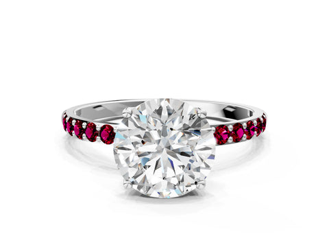 White gold Round Cut Diamond Solitaire Engagement Ring with Round with Garnet side stone Pavé Band and Prong Setting_12