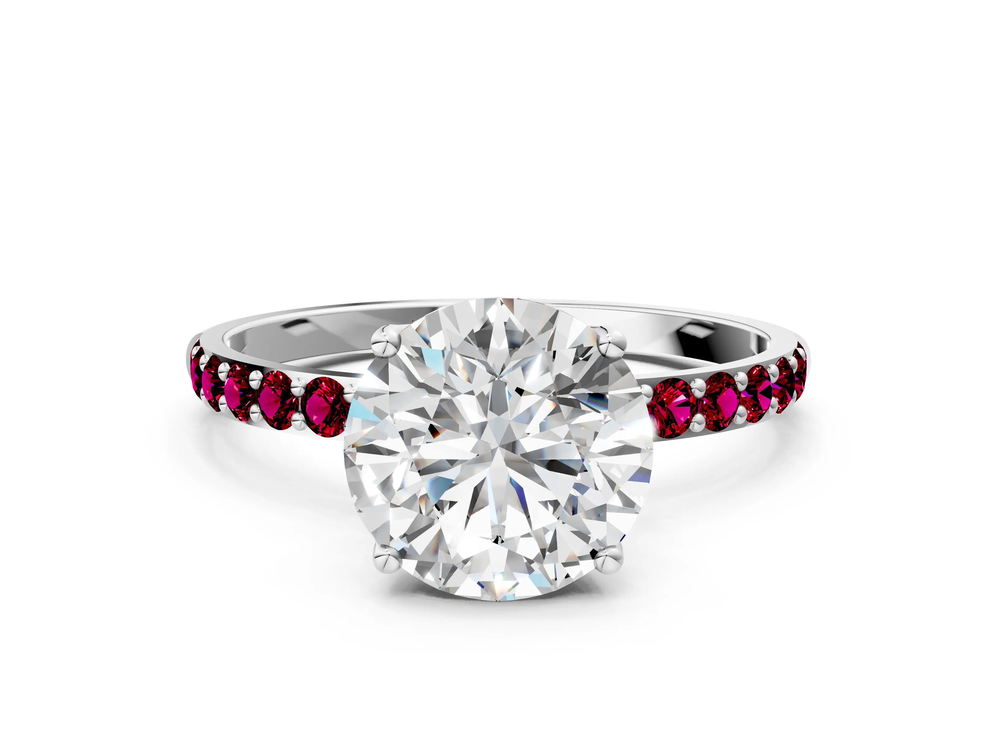 White gold Round Cut Diamond Solitaire Engagement Ring with Round with Garnet side stone Pavé Band and Prong Setting_138