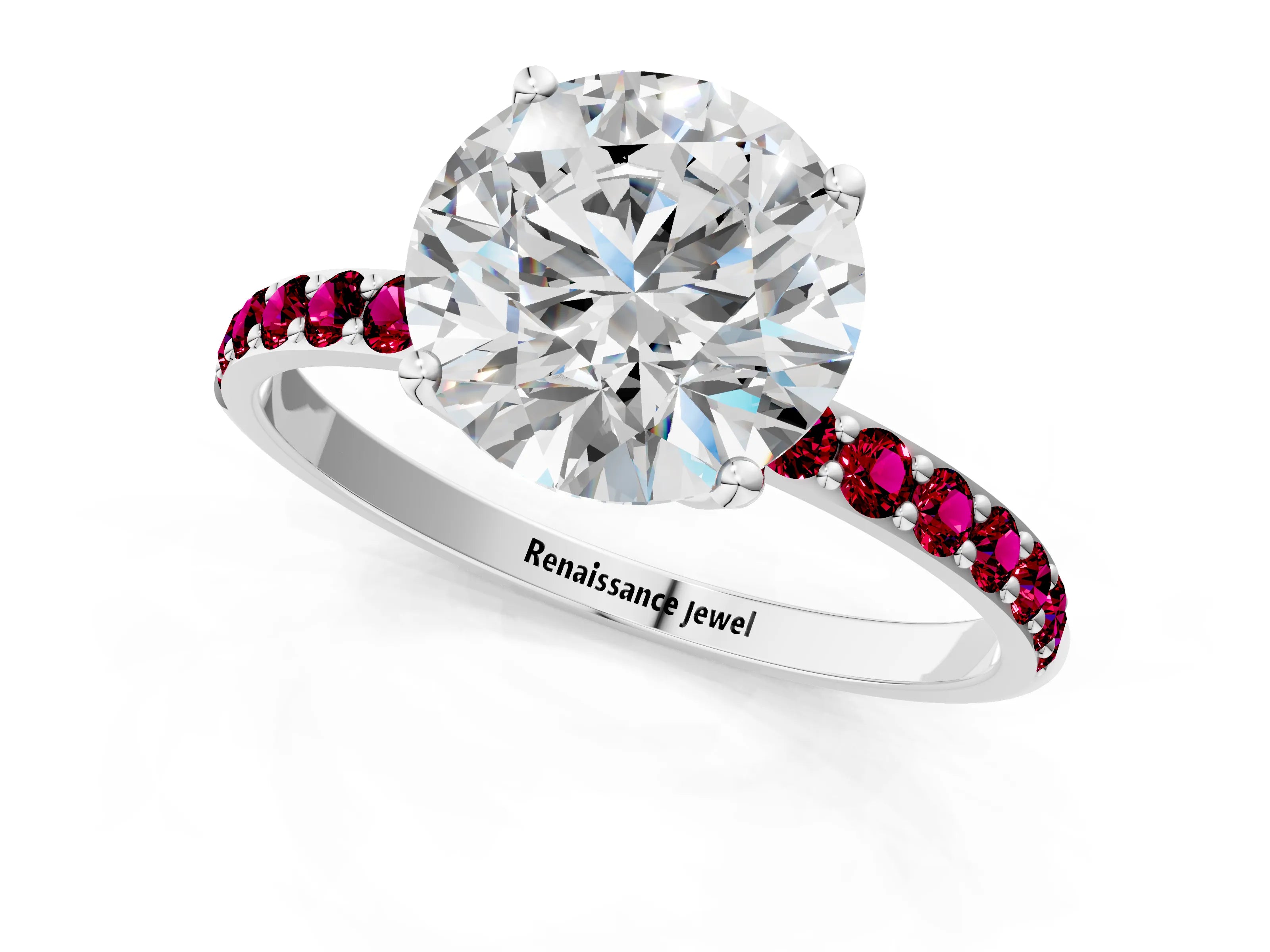 White gold Round Cut Diamond Solitaire Engagement Ring with Round with Garnet side stone Pavé Band and Prong Setting_13