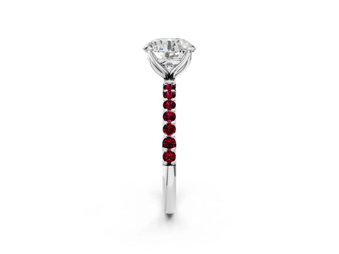 White gold Round Cut Diamond Solitaire Engagement Ring with Round with Garnet side stone Pavé Band and Prong Setting_140