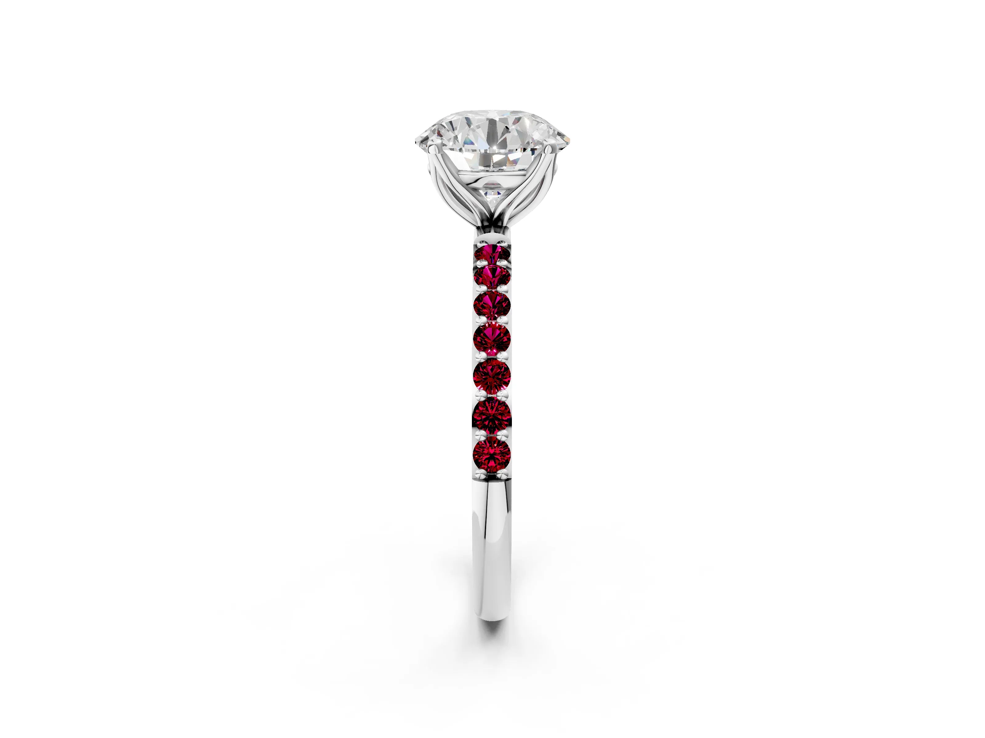 White gold Round Cut Diamond Solitaire Engagement Ring with Round with Garnet side stone Pavé Band and Prong Setting_14
