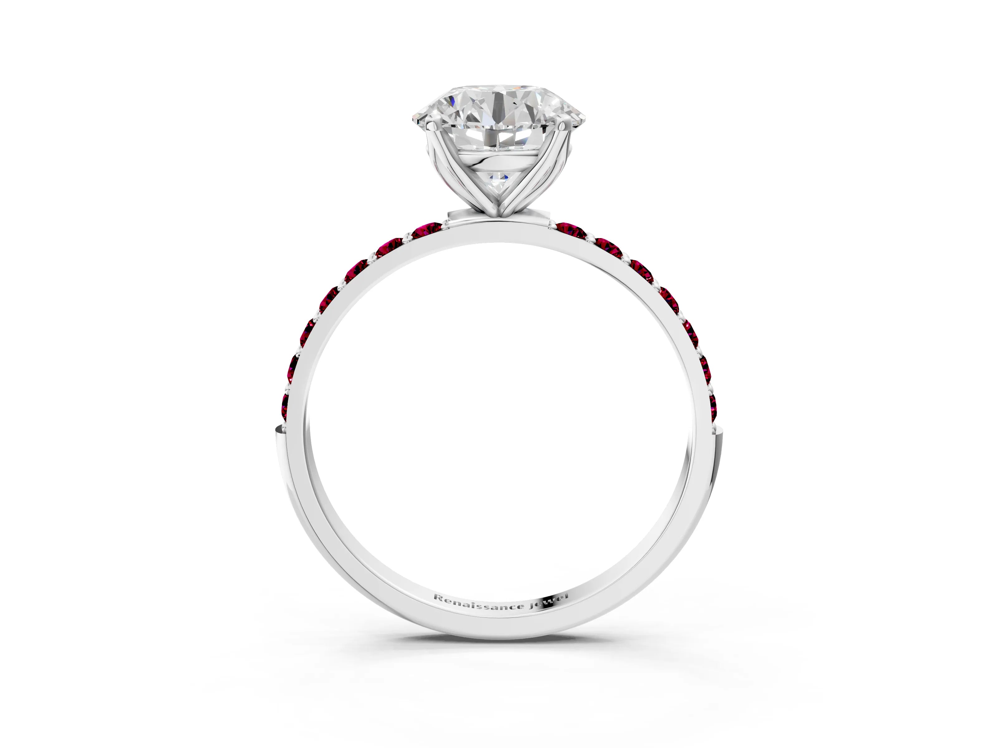 White gold Round Cut Diamond Solitaire Engagement Ring with Round with Garnet side stone Pavé Band and Prong Setting_15