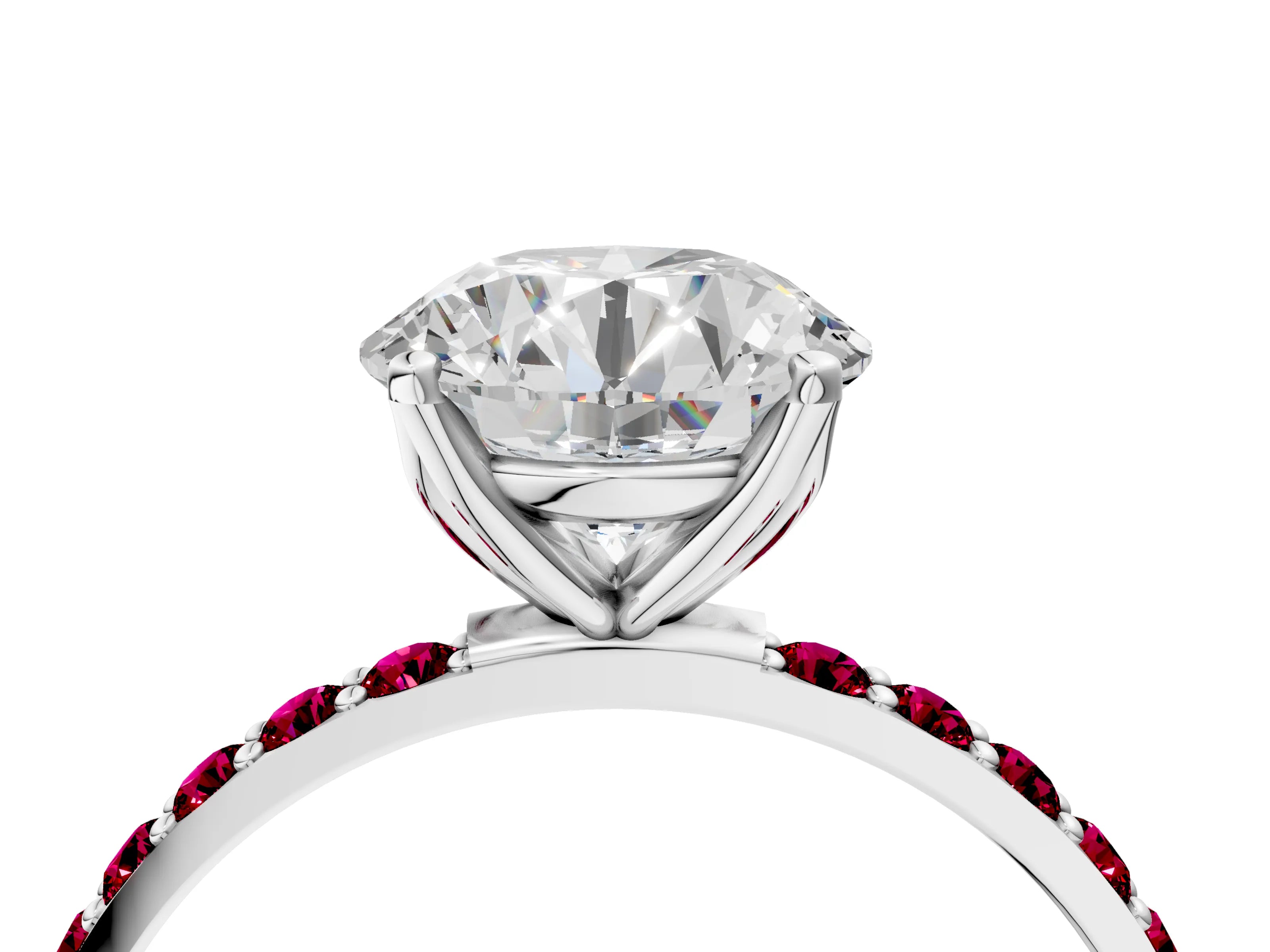 White gold Round Cut Diamond Solitaire Engagement Ring with Round with Garnet side stone Pavé Band and Prong Setting_16