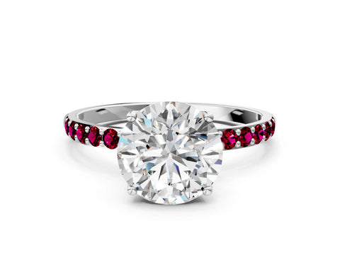 White gold Round Cut Diamond Solitaire Engagement Ring with Round with Garnet side stone Pavé Band and Prong Setting_6