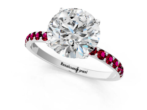 White gold Round Cut Diamond Solitaire Engagement Ring with Round with Garnet side stone Pavé Band and Prong Setting_7