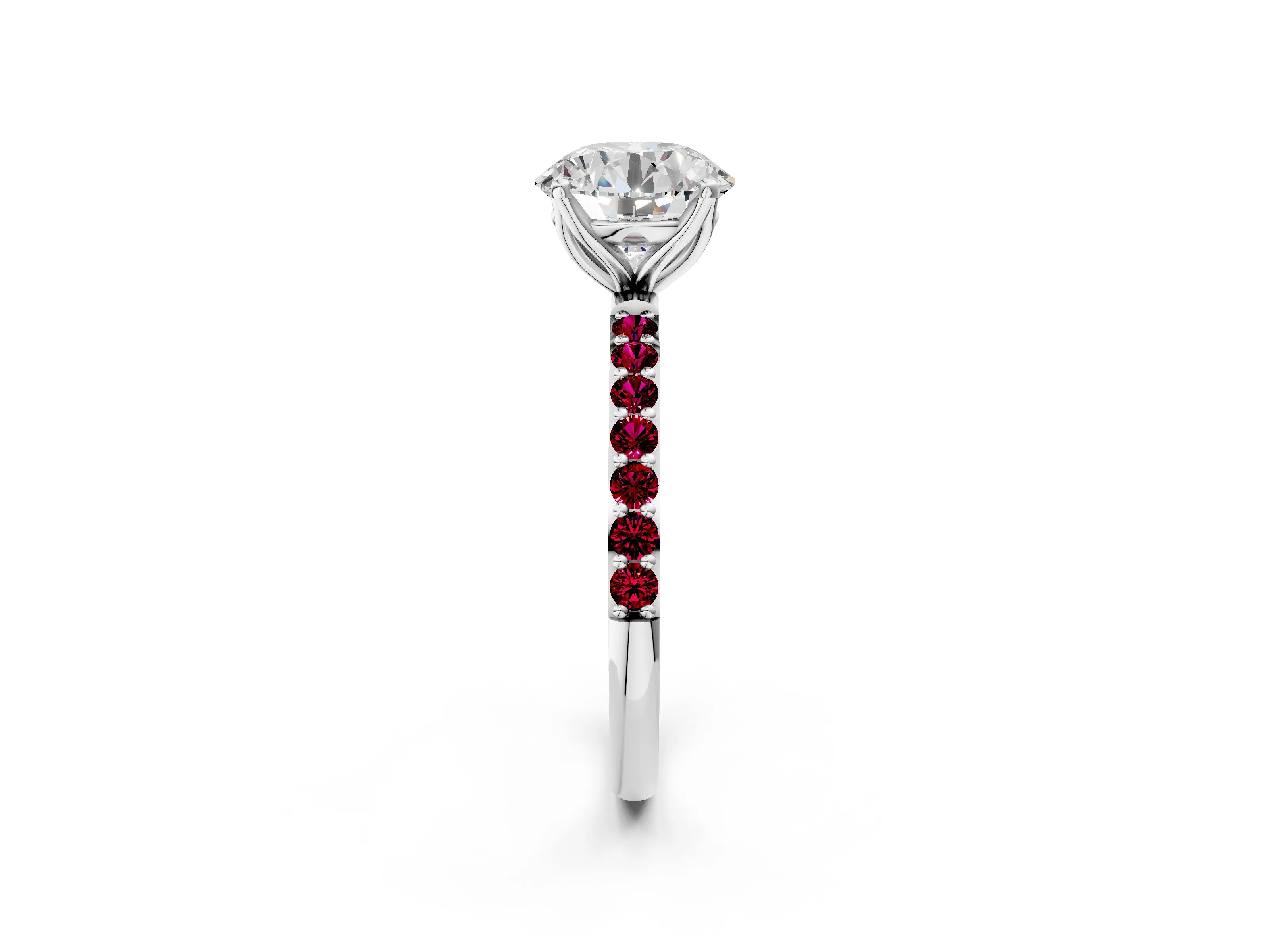 White gold Round Cut Diamond Solitaire Engagement Ring with Round with Garnet side stone Pavé Band and Prong Setting_8