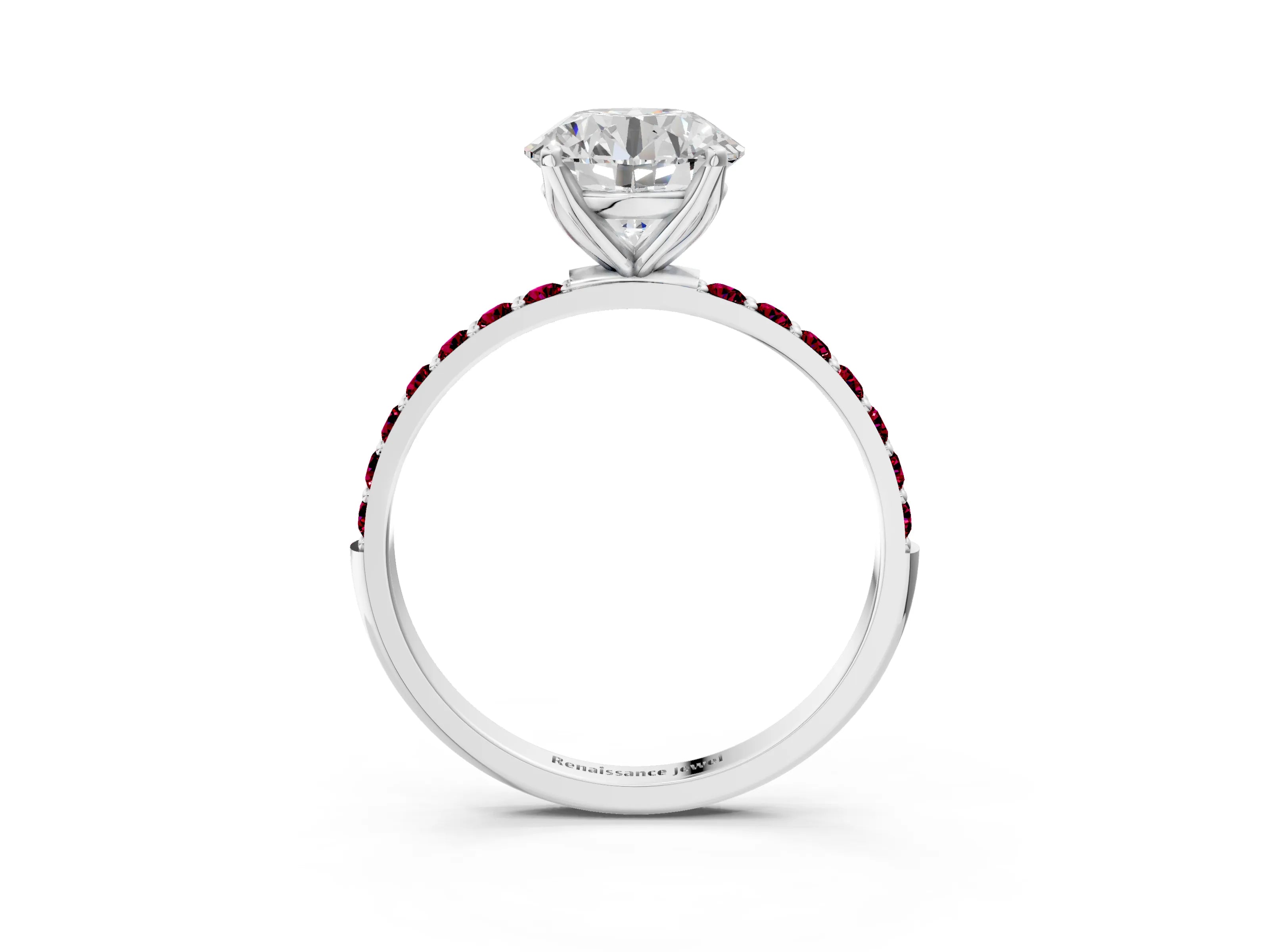 White gold Round Cut Diamond Solitaire Engagement Ring with Round with Garnet side stone Pavé Band and Prong Setting_9