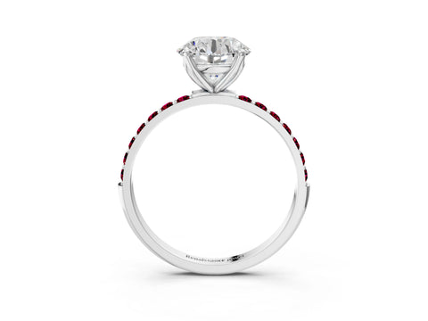 White gold Round Cut Diamond Solitaire Engagement Ring with Round with Garnet side stone Pavé Band and Prong Setting_9