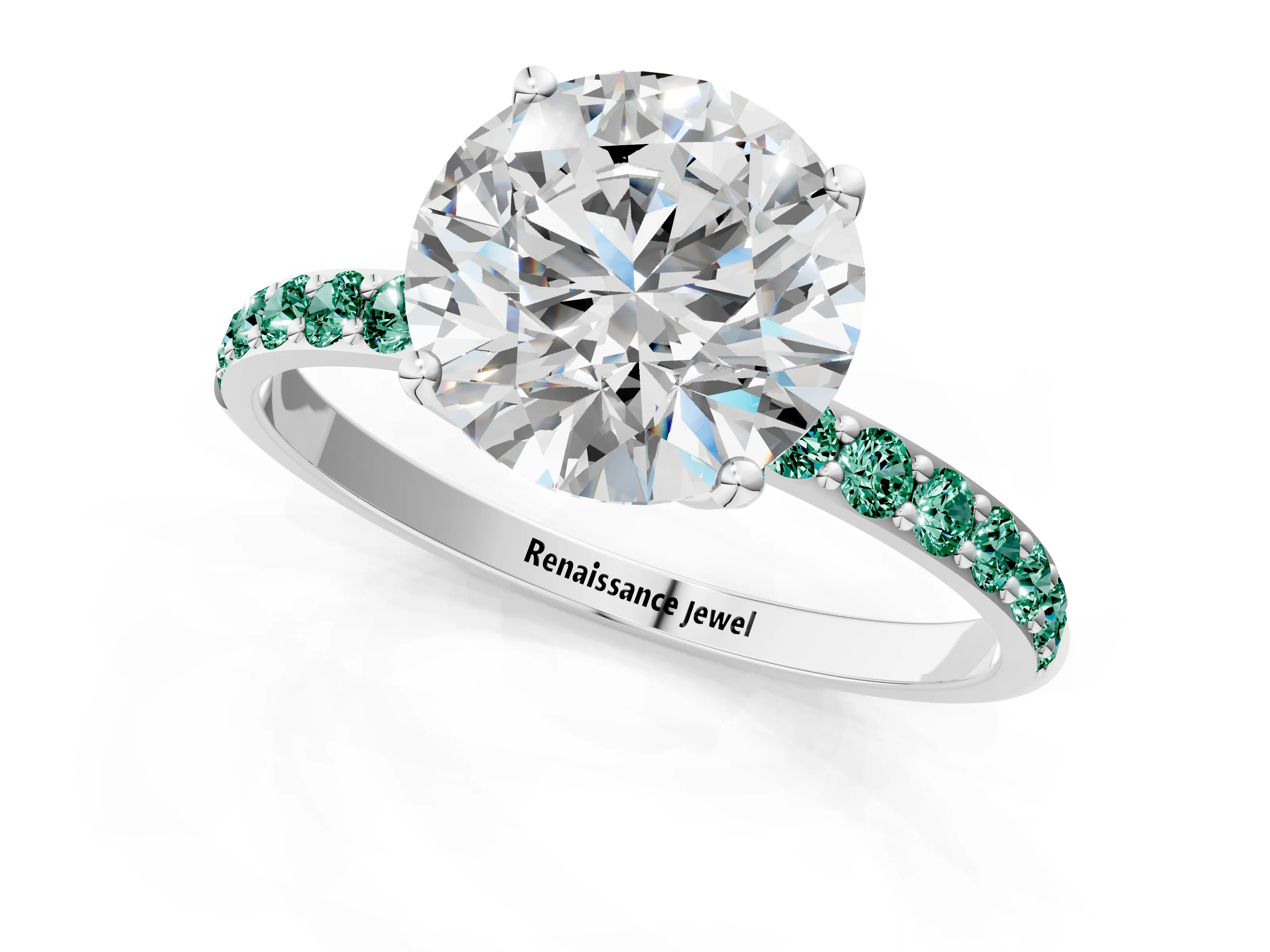 White gold Round Cut Diamond Solitaire Engagement Ring with Round with Green Sapphire side stone Pavé Band and Prong Setting_1