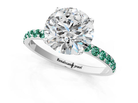 White gold Round Cut Diamond Solitaire Engagement Ring with Round with Green Sapphire side stone Pavé Band and Prong Setting_1