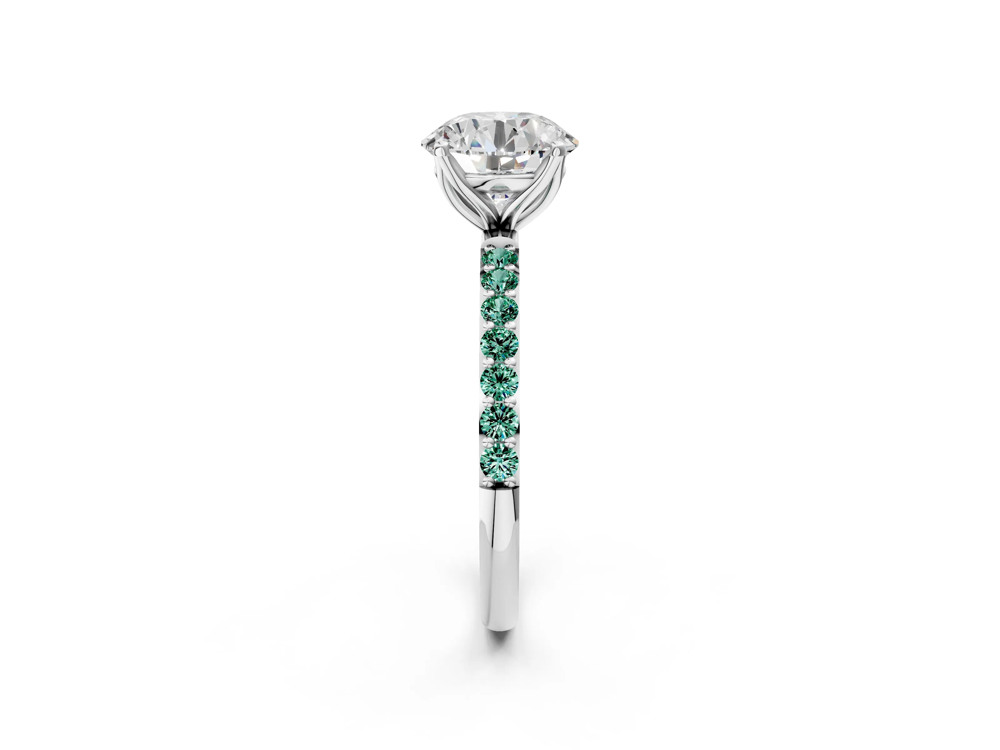 White gold Round Cut Diamond Solitaire Engagement Ring with Round with Green Sapphire side stone Pavé Band and Prong Setting_2