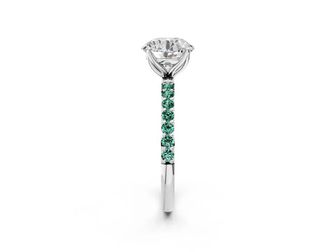 White gold Round Cut Diamond Solitaire Engagement Ring with Round with Green Sapphire side stone Pavé Band and Prong Setting_2