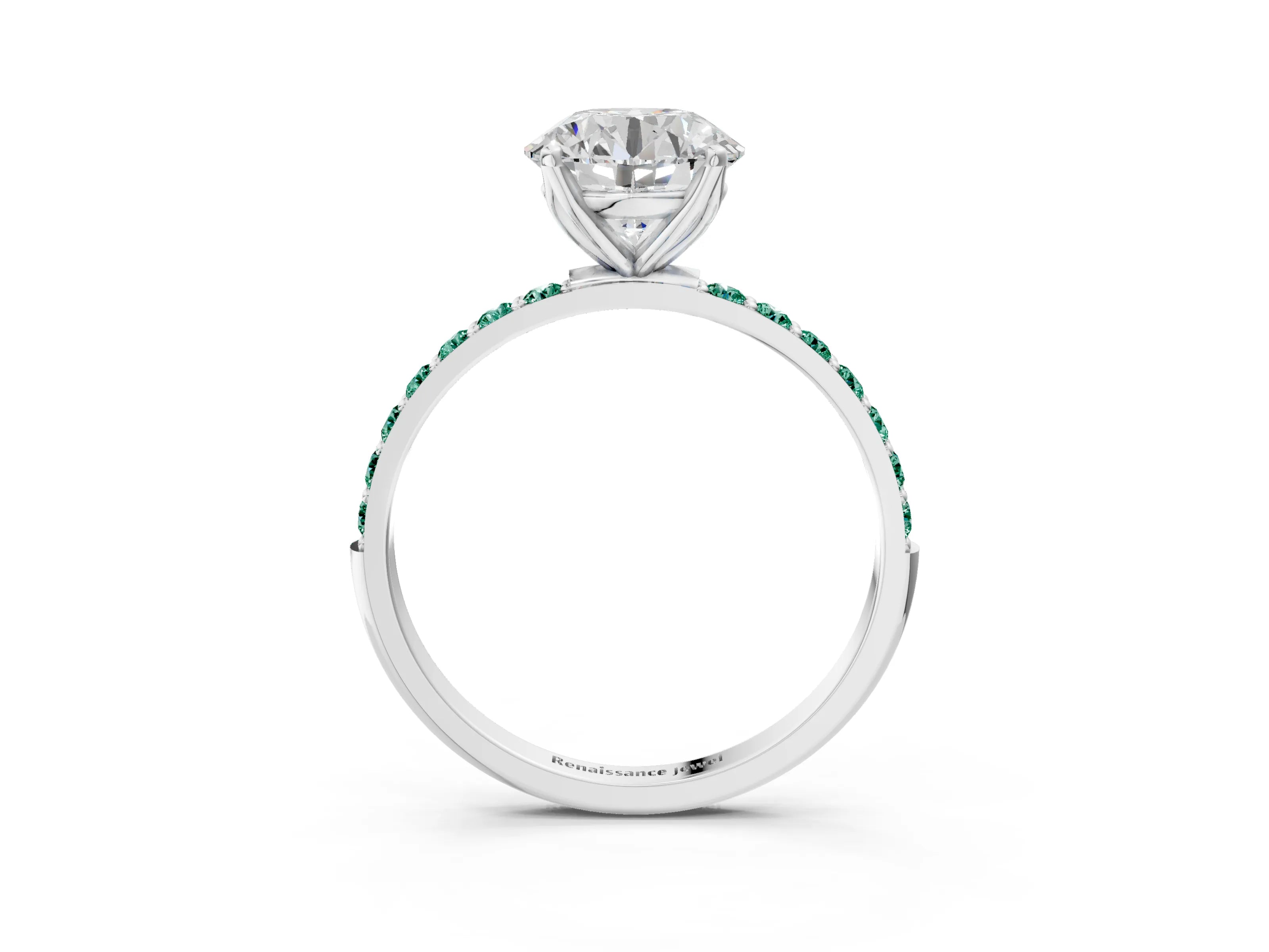 White gold Round Cut Diamond Solitaire Engagement Ring with Round with Green Sapphire side stone Pavé Band and Prong Setting_3