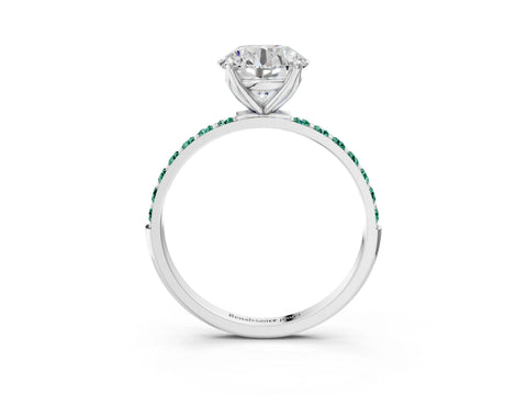 White gold Round Cut Diamond Solitaire Engagement Ring with Round with Green Sapphire side stone Pavé Band and Prong Setting_3