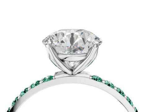 White gold Round Cut Diamond Solitaire Engagement Ring with Round with Green Sapphire side stone Pavé Band and Prong Setting_4