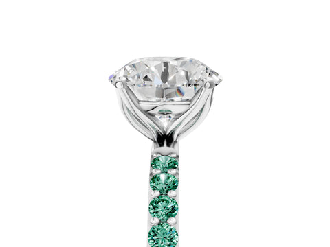 White gold Round Cut Diamond Solitaire Engagement Ring with Round with Green Sapphire side stone Pavé Band and Prong Setting_5