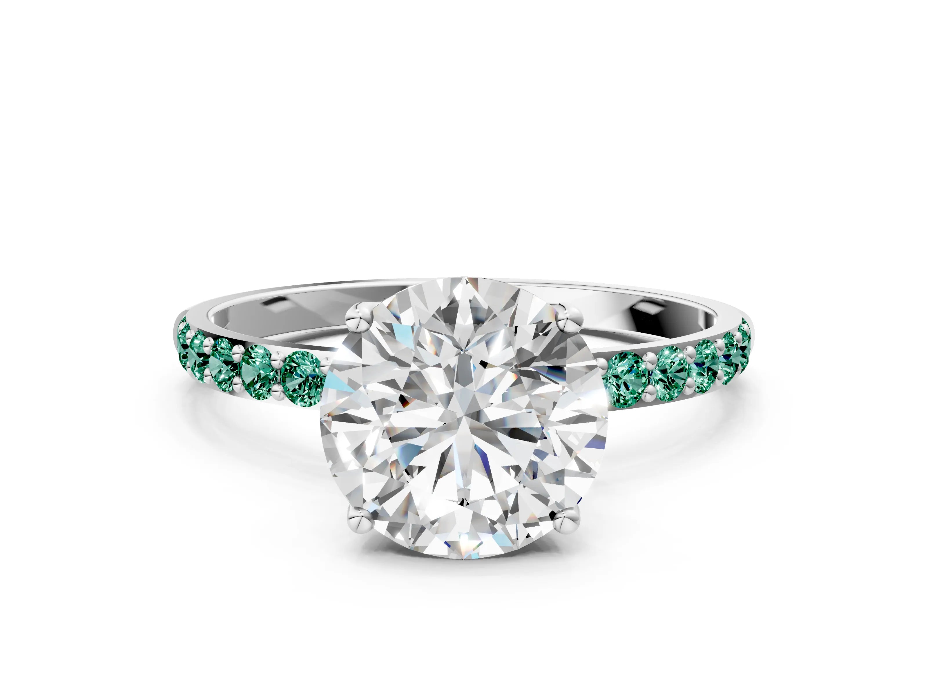 White gold Round Cut Diamond Solitaire Engagement Ring with Round with Green Sapphire side stone Pavé Band and Prong Setting_72