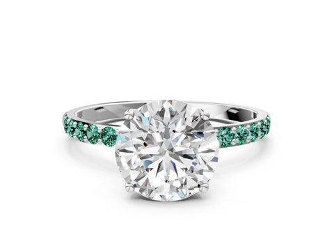 White gold Round Cut Diamond Solitaire Engagement Ring with Round with Green Sapphire side stone Pavé Band and Prong Setting_72