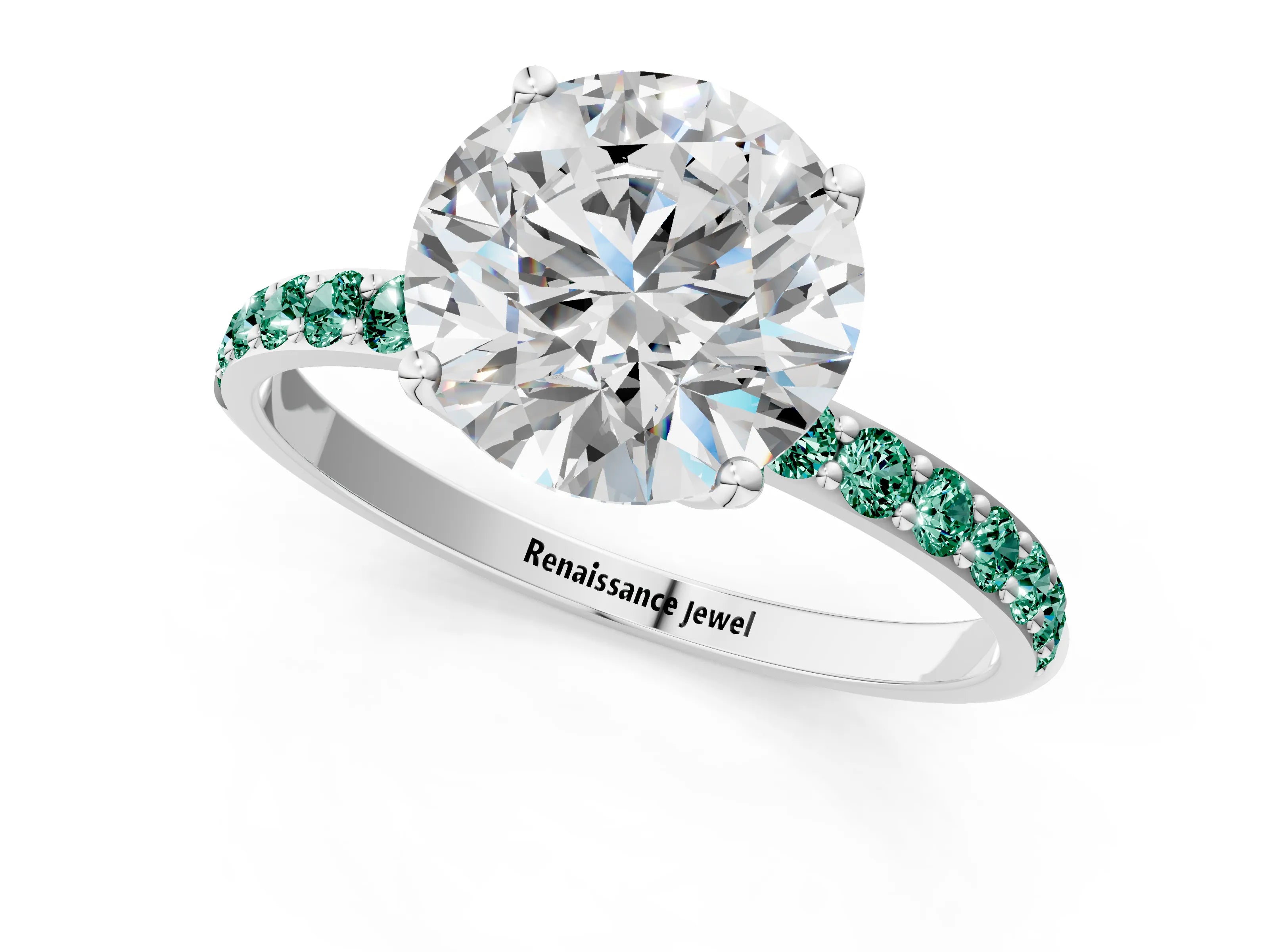 White gold Round Cut Diamond Solitaire Engagement Ring with Round with Green Sapphire side stone Pavé Band and Prong Setting_73