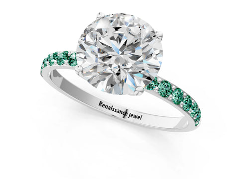 White gold Round Cut Diamond Solitaire Engagement Ring with Round with Green Sapphire side stone Pavé Band and Prong Setting_73