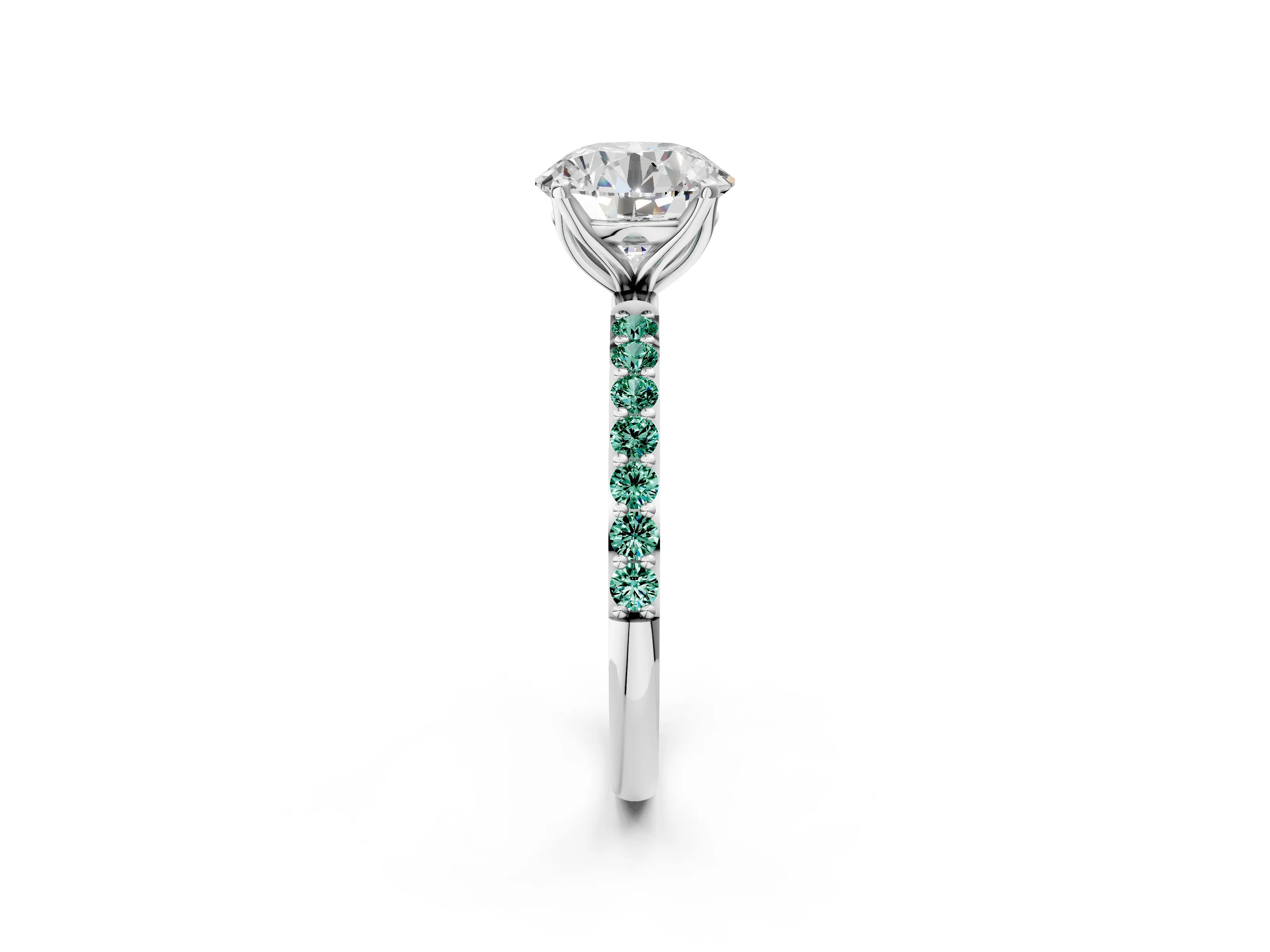 White gold Round Cut Diamond Solitaire Engagement Ring with Round with Green Sapphire side stone Pavé Band and Prong Setting_74