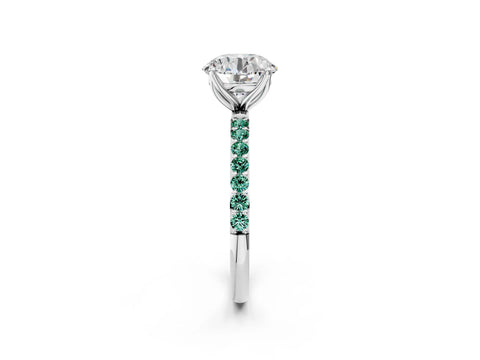 White gold Round Cut Diamond Solitaire Engagement Ring with Round with Green Sapphire side stone Pavé Band and Prong Setting_74