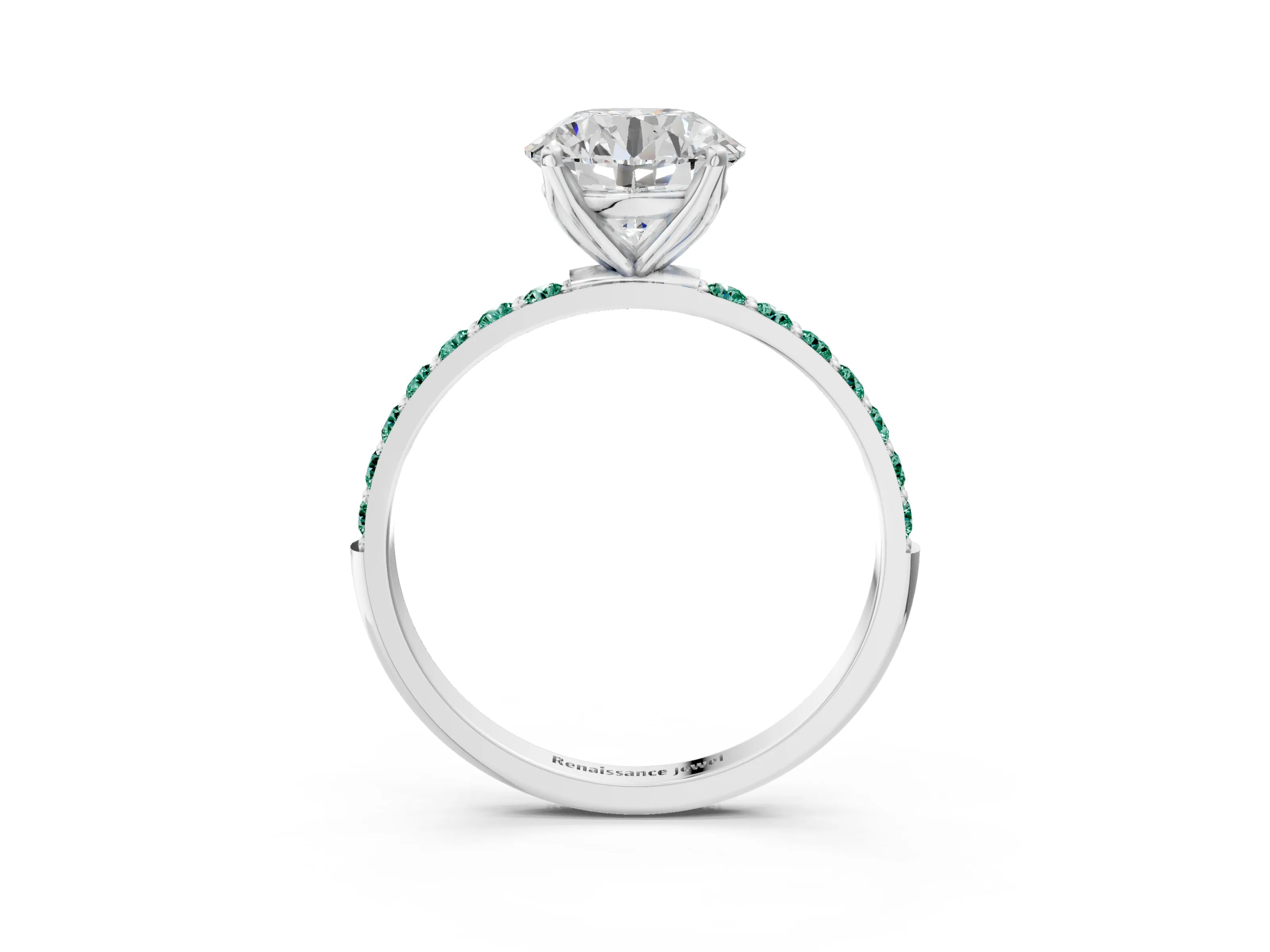 White gold Round Cut Diamond Solitaire Engagement Ring with Round with Green Sapphire side stone Pavé Band and Prong Setting_75