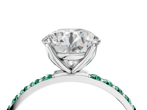 White gold Round Cut Diamond Solitaire Engagement Ring with Round with Green Sapphire side stone Pavé Band and Prong Setting_76