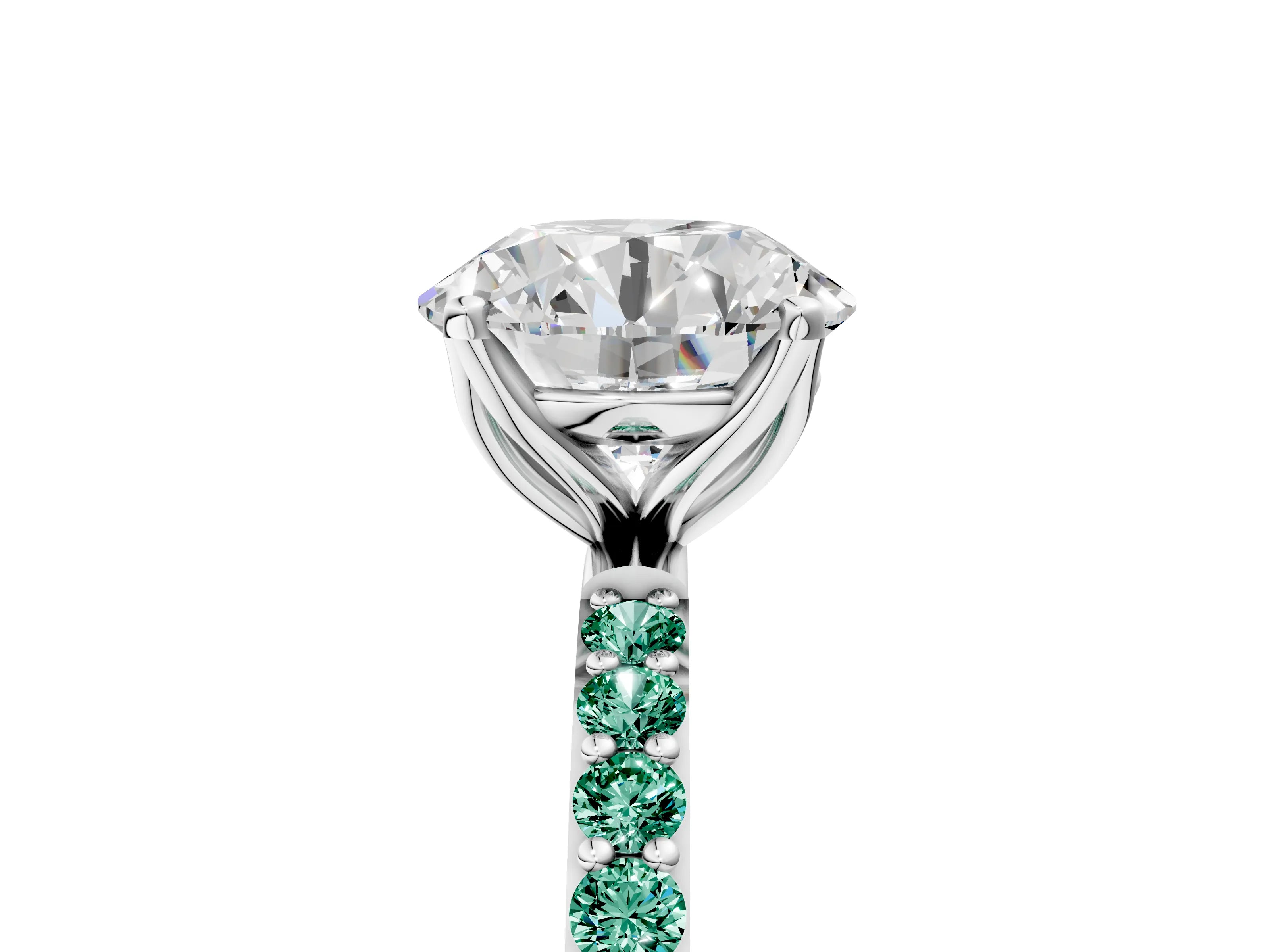 White gold Round Cut Diamond Solitaire Engagement Ring with Round with Green Sapphire side stone Pavé Band and Prong Setting_77