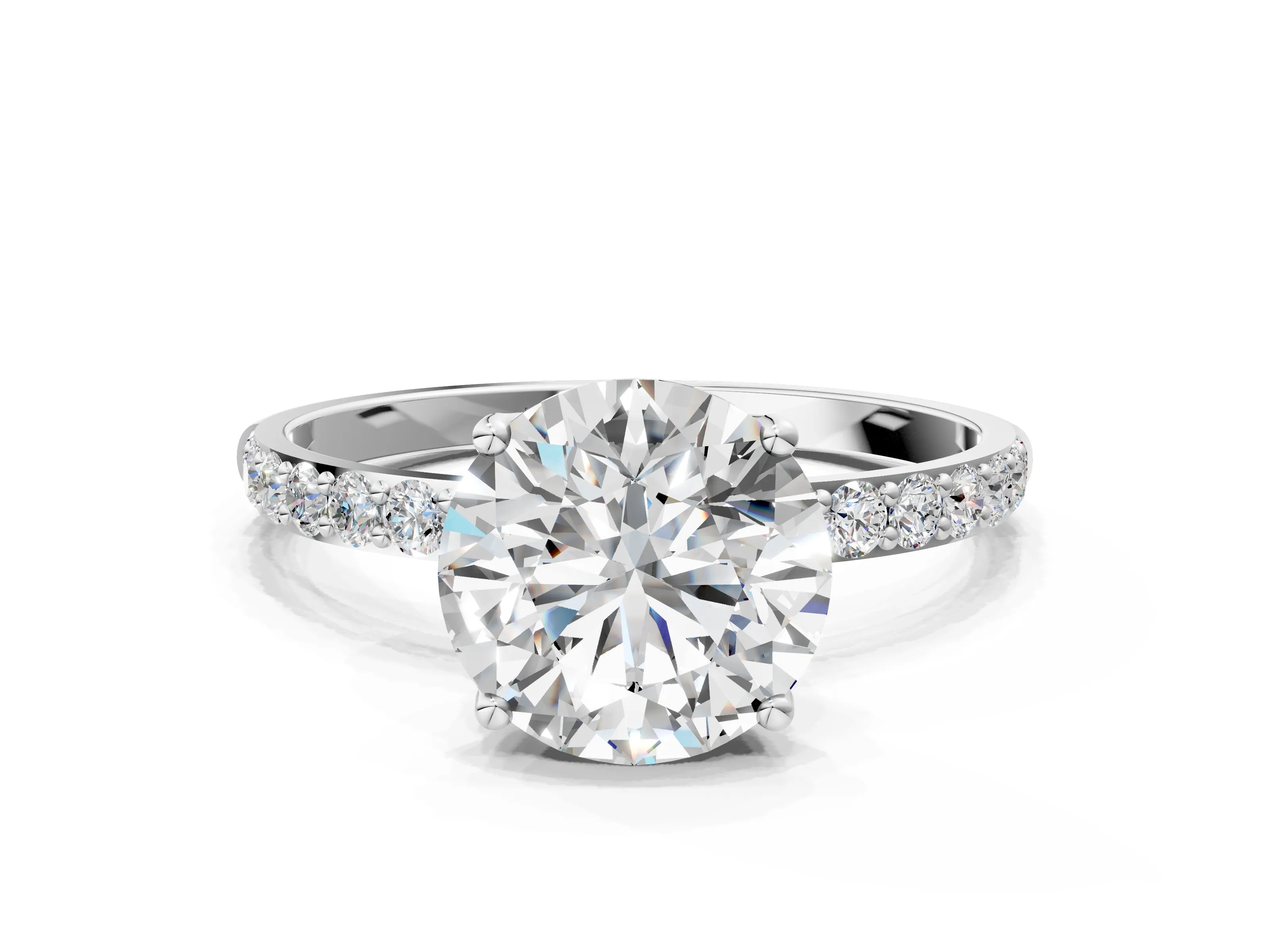 White gold Round Cut Diamond Solitaire Engagement Ring with Round with Moissanite side stone Pavé Band and Prong Setting_12
