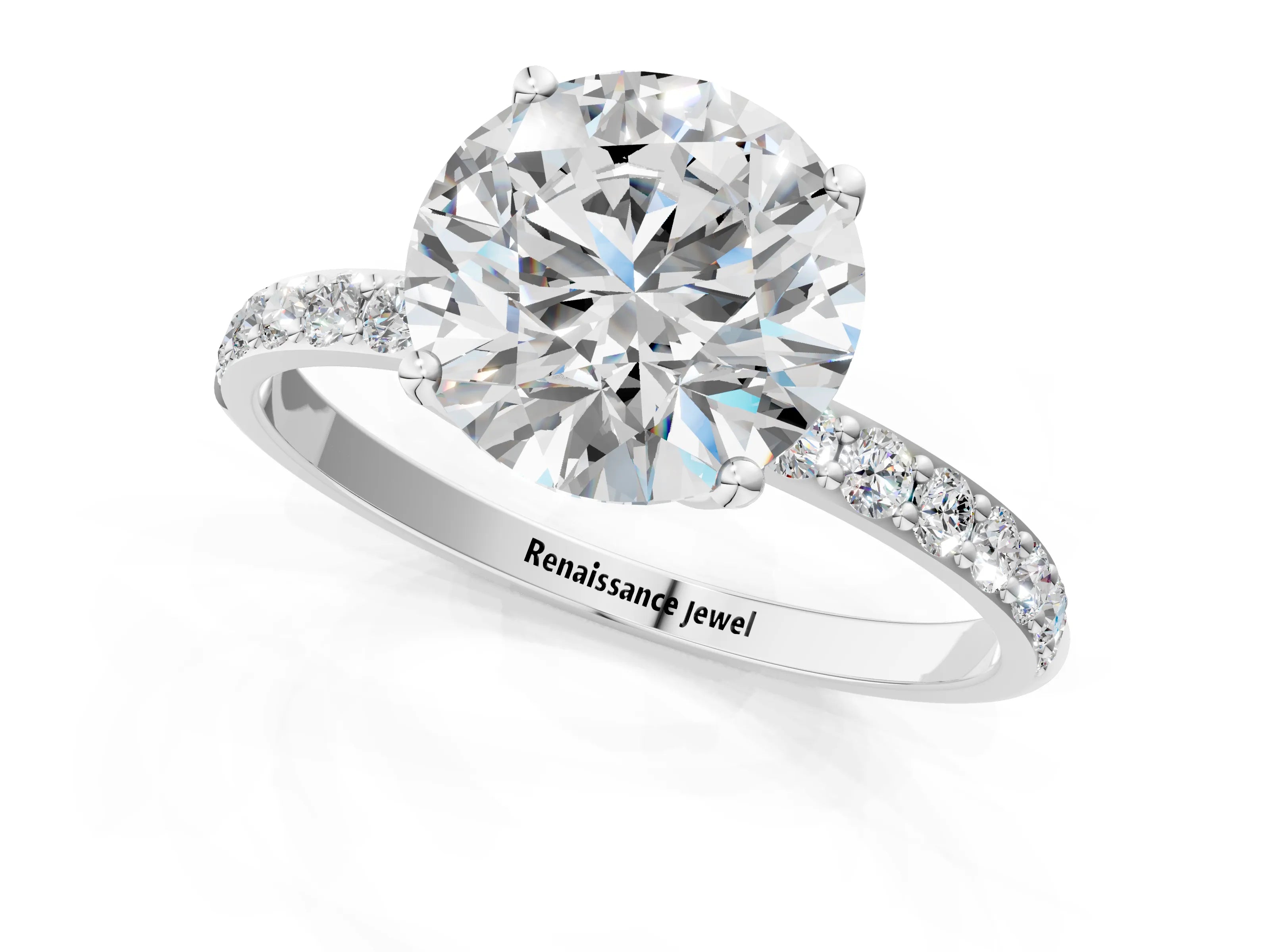 White gold Round Cut Diamond Solitaire Engagement Ring with Round with Moissanite side stone Pavé Band and Prong Setting_13