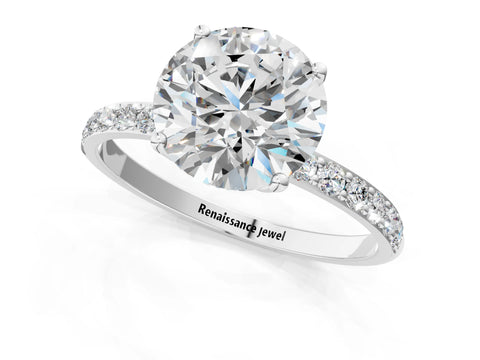 White gold Round Cut Diamond Solitaire Engagement Ring with Round with Moissanite side stone Pavé Band and Prong Setting_13