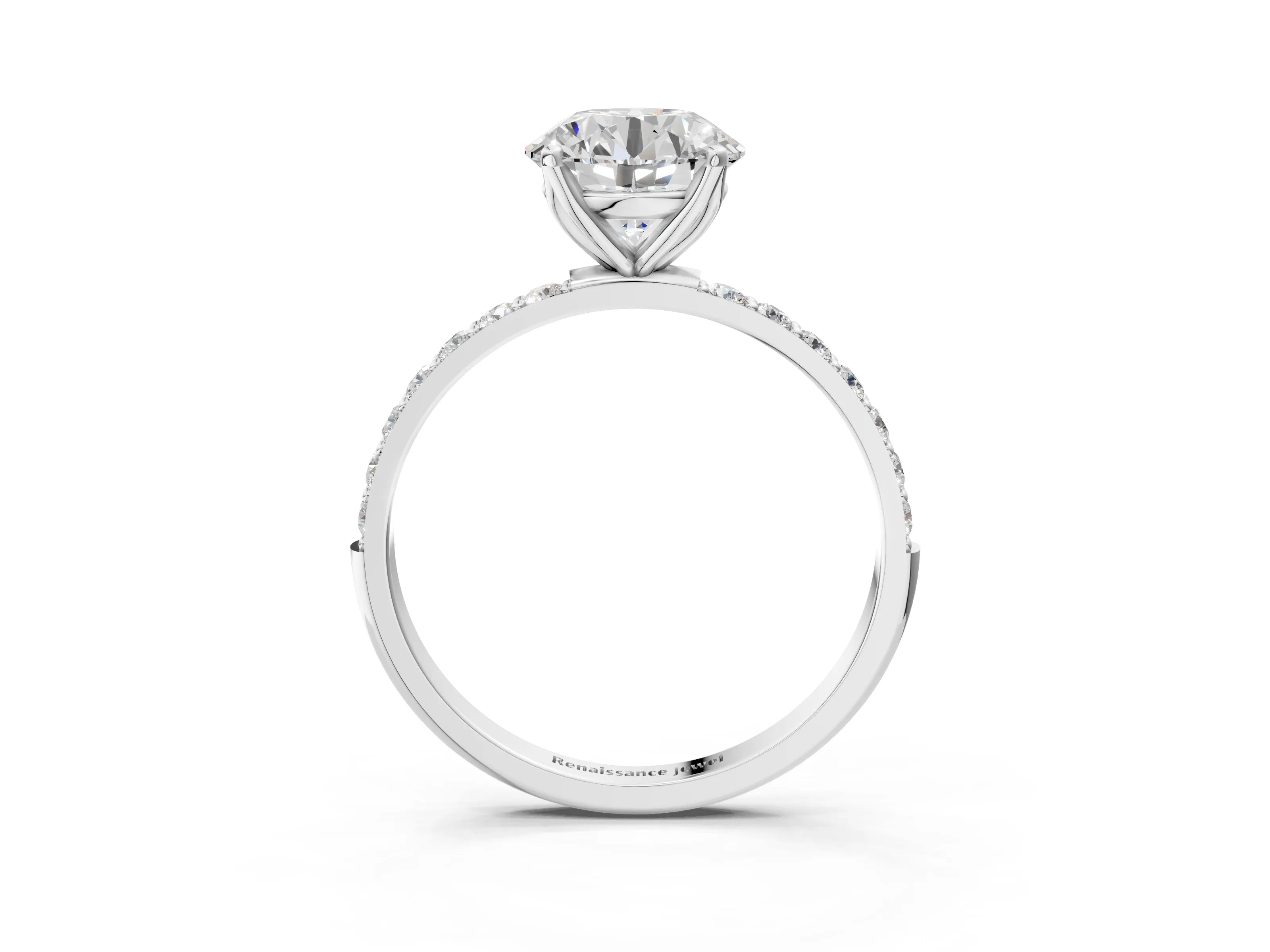 White gold Round Cut Diamond Solitaire Engagement Ring with Round with Moissanite side stone Pavé Band and Prong Setting_15