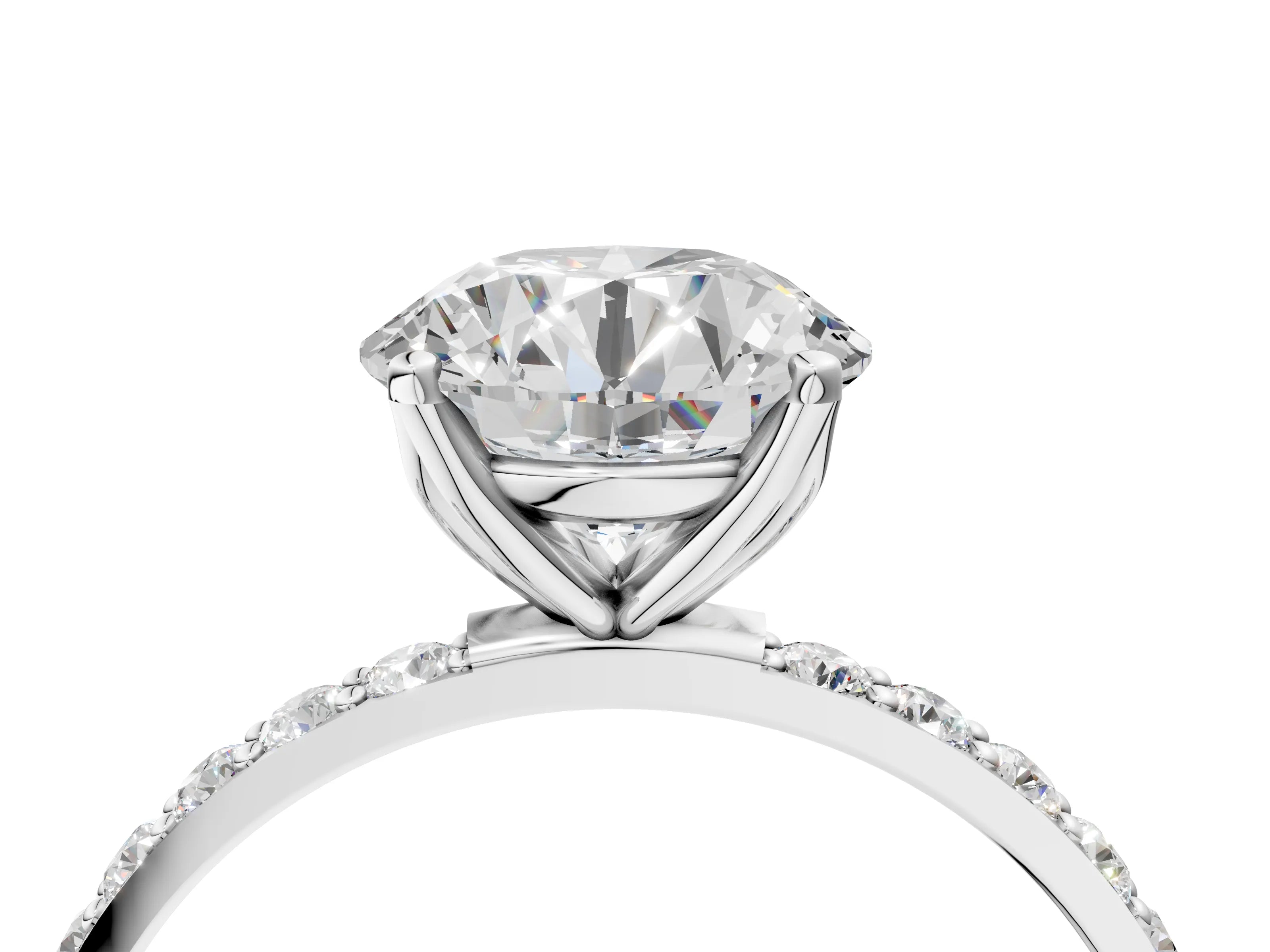White gold Round Cut Diamond Solitaire Engagement Ring with Round with Moissanite side stone Pavé Band and Prong Setting_16