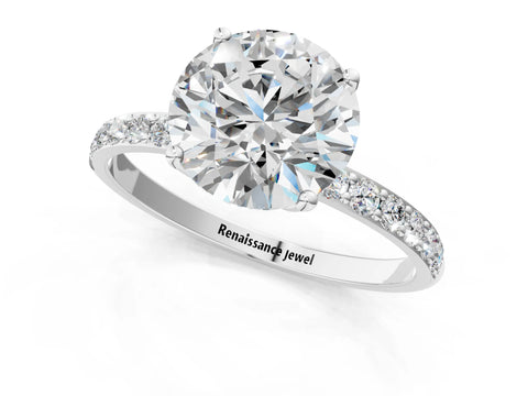 White gold Round Cut Diamond Solitaire Engagement Ring with Round with Moissanite side stone Pavé Band and Prong Setting_31