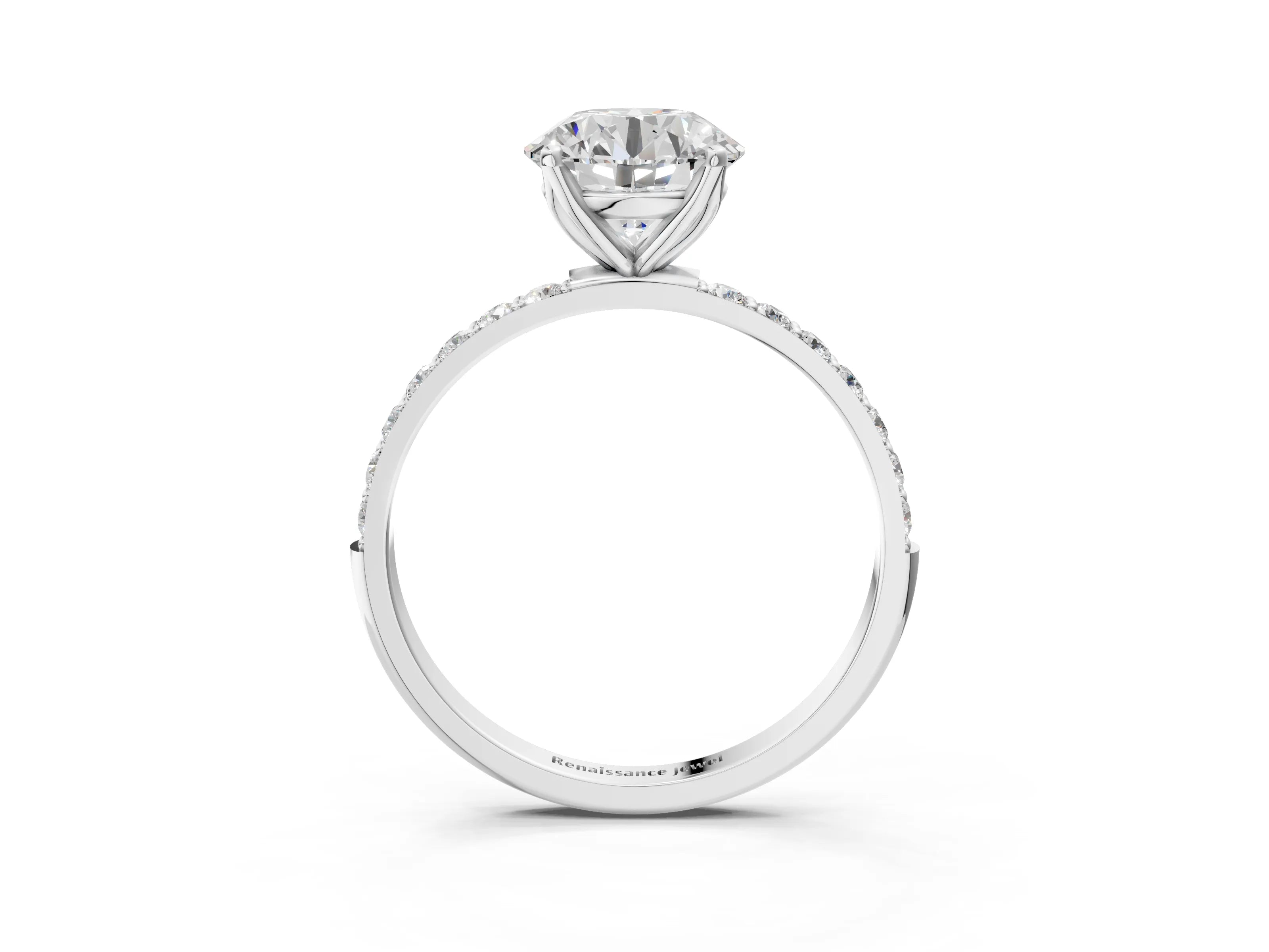 White gold Round Cut Diamond Solitaire Engagement Ring with Round with Moissanite side stone Pavé Band and Prong Setting_34