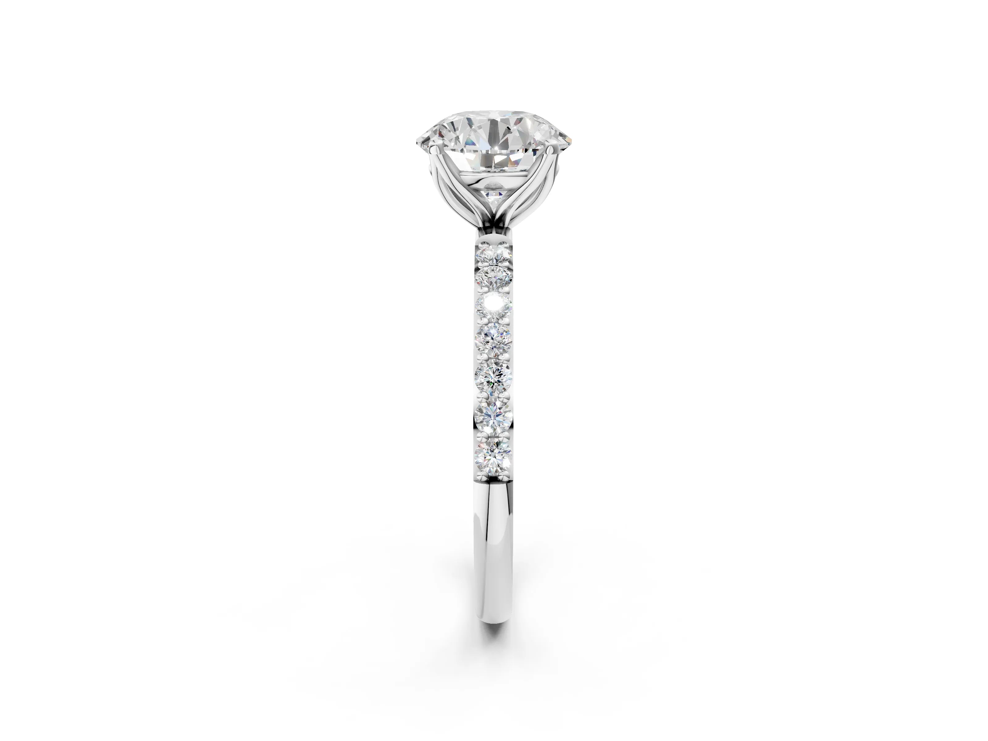 White gold Round Cut Diamond Solitaire Engagement Ring with Round with Moissanite side stone Pavé Band and Prong Setting_38