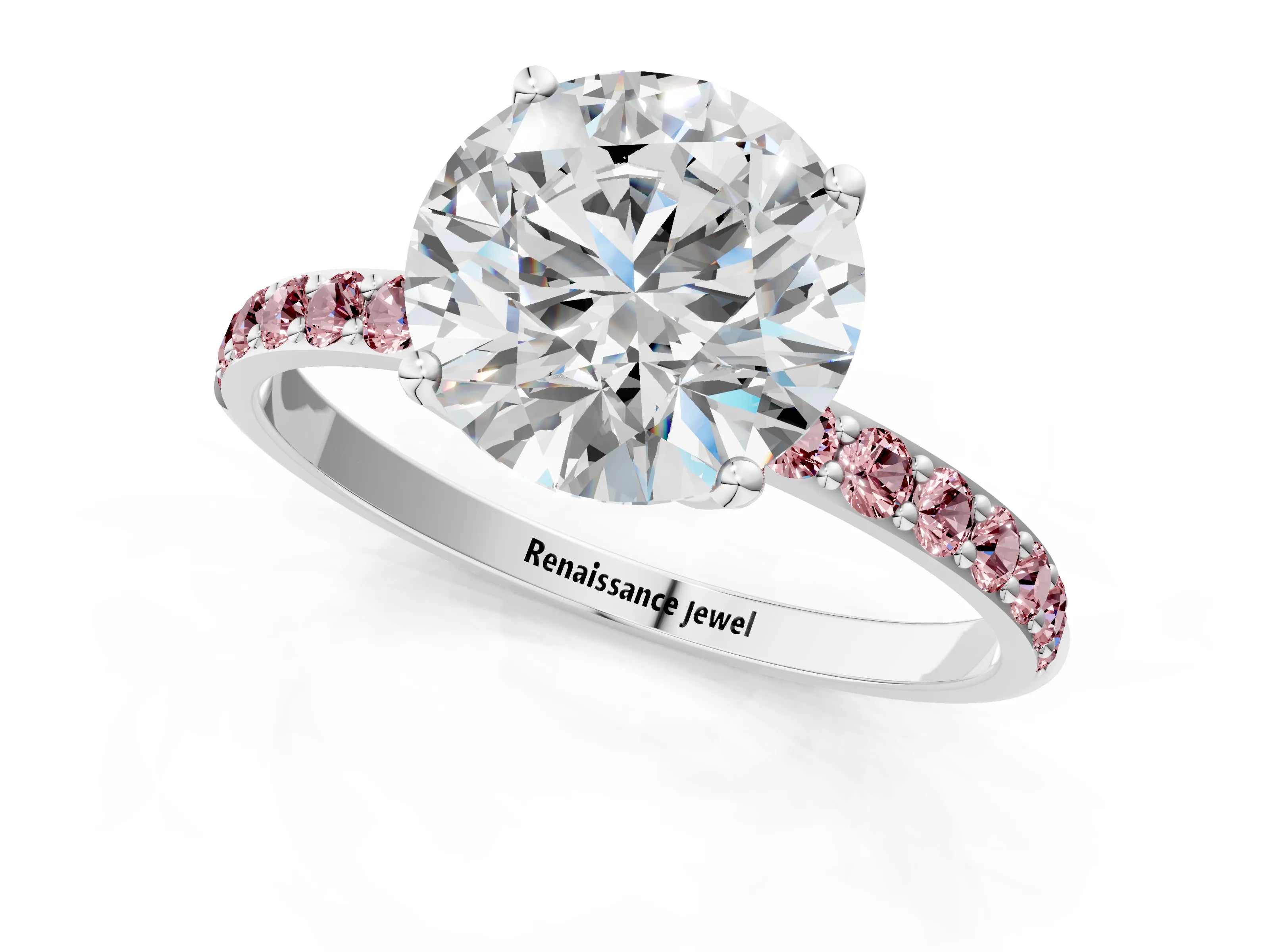 White gold Round Cut Diamond Solitaire Engagement Ring with Round with Morganite side stone Pavé Band and Prong Setting_115
