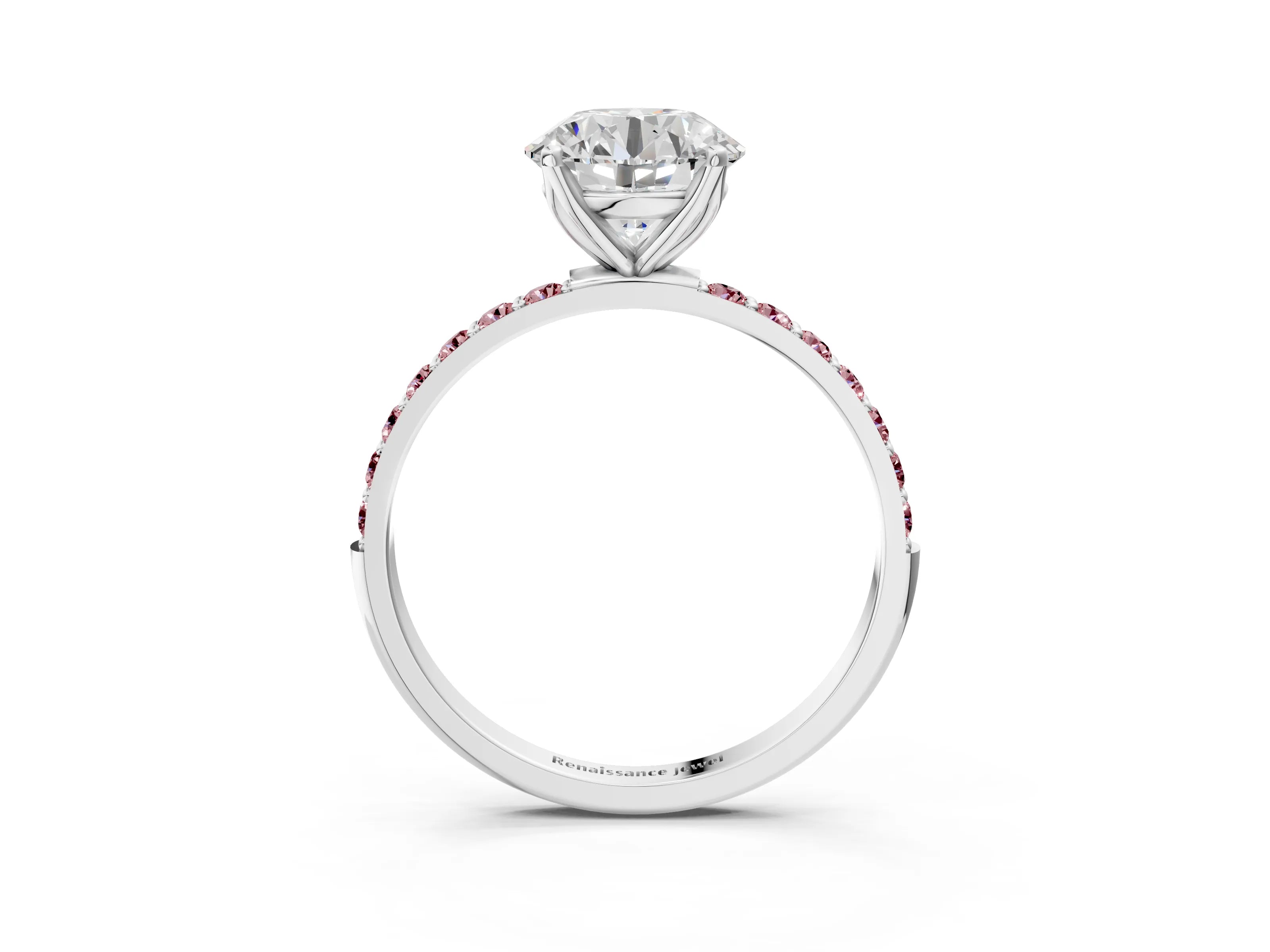 White gold Round Cut Diamond Solitaire Engagement Ring with Round with Morganite side stone Pavé Band and Prong Setting_117