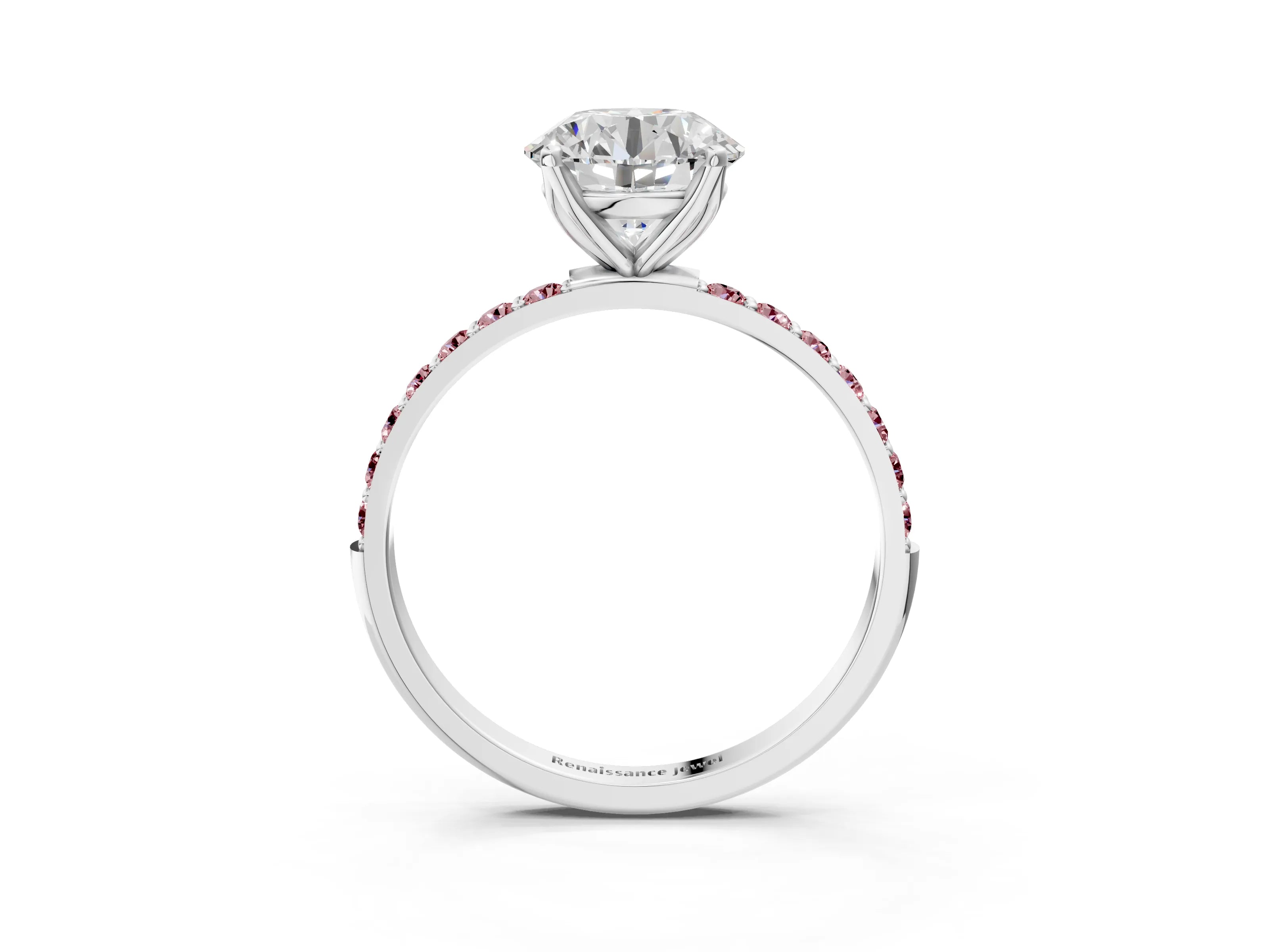 White gold Round Cut Diamond Solitaire Engagement Ring with Round with Morganite side stone Pavé Band and Prong Setting_33
