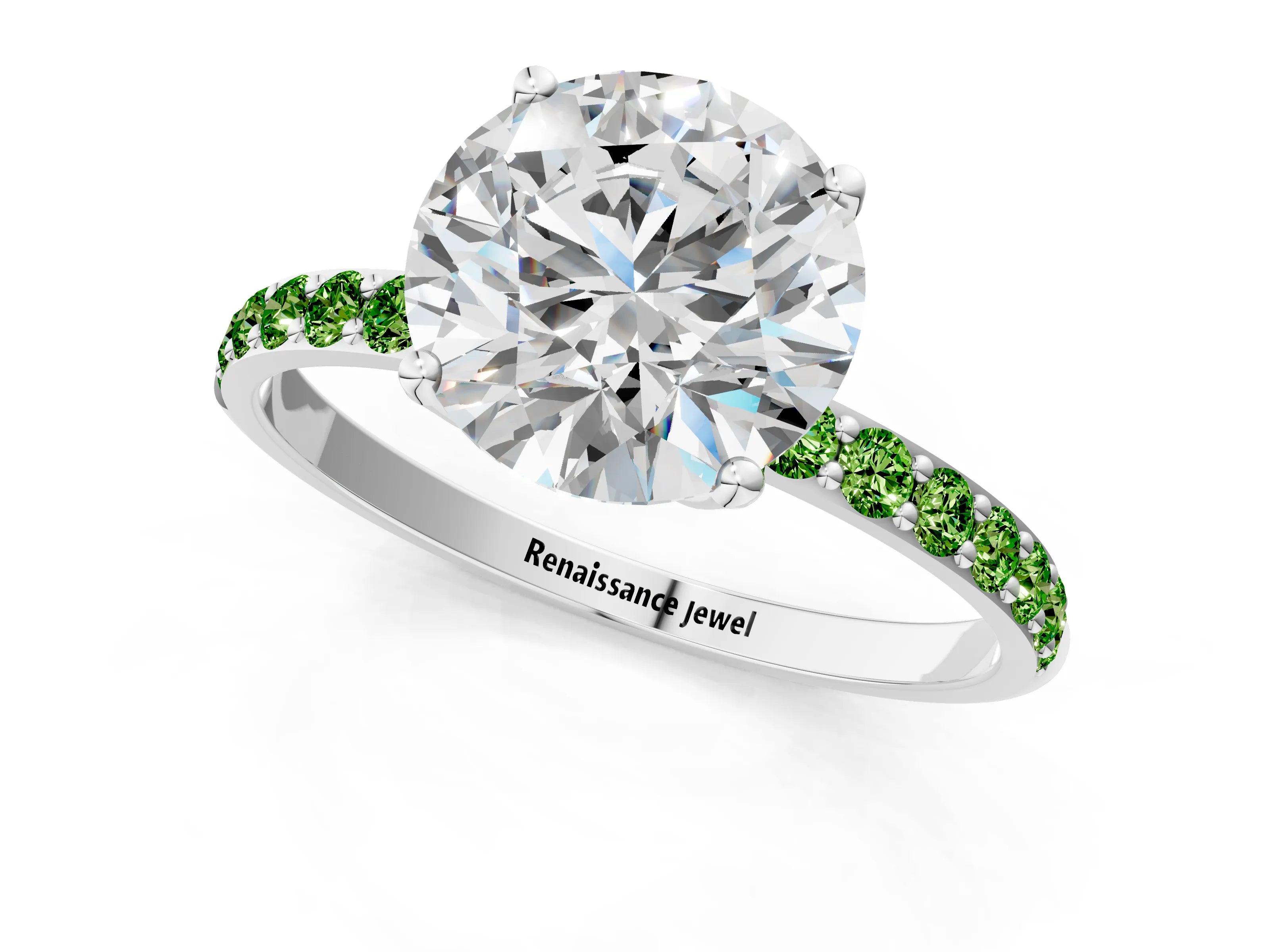 White gold Round Cut Diamond Solitaire Engagement Ring with Round with Peridot side stone Pavé Band and Prong Setting_1